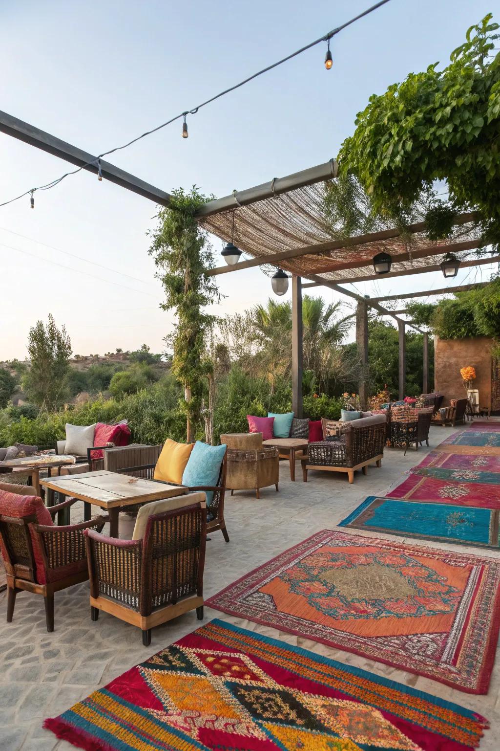 Outdoor rugs add comfort and define spaces.