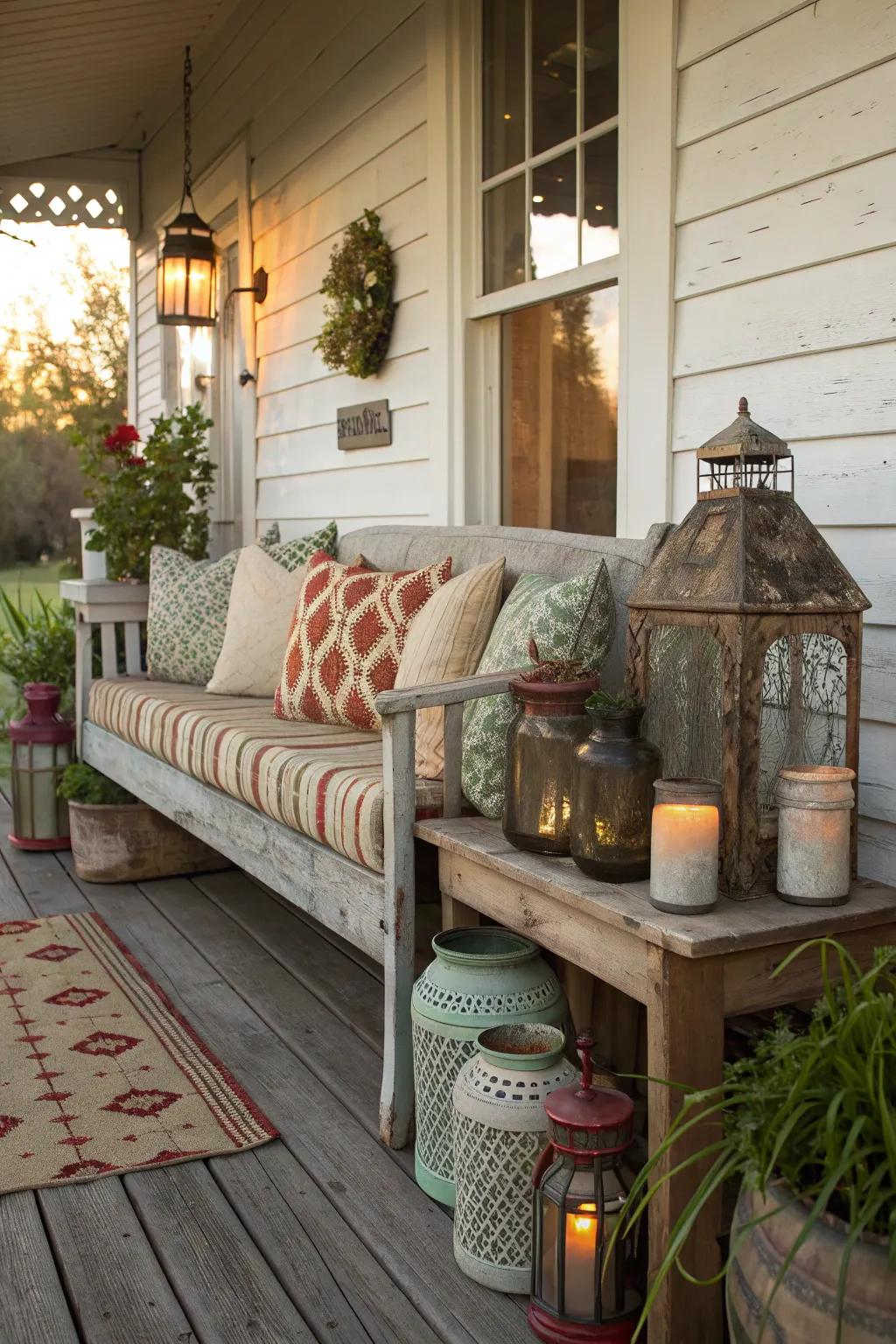 A porch featuring vintage finds like a retro bench and decorative items.