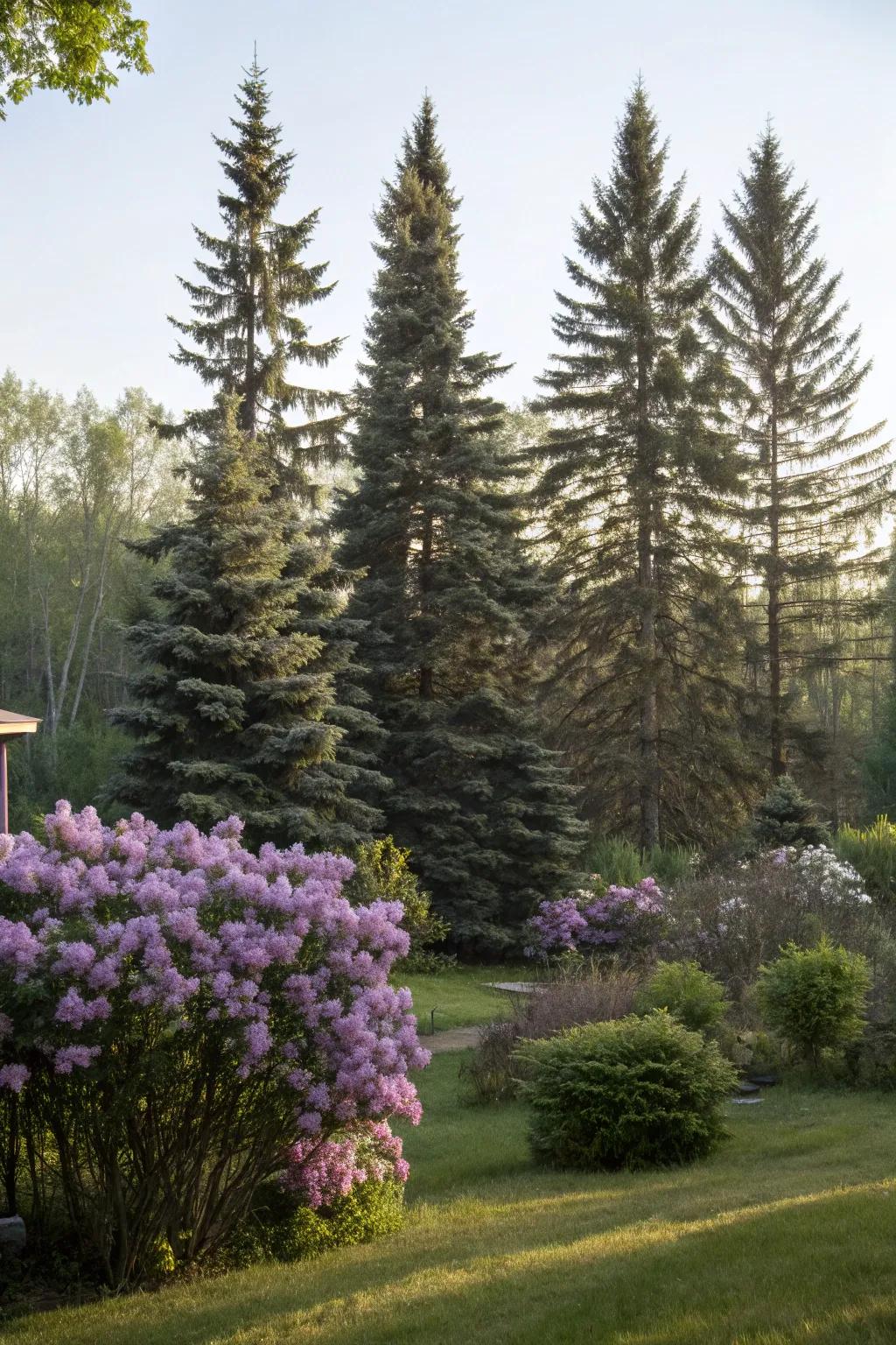 Conifers offer year-round structure in lilac gardens.