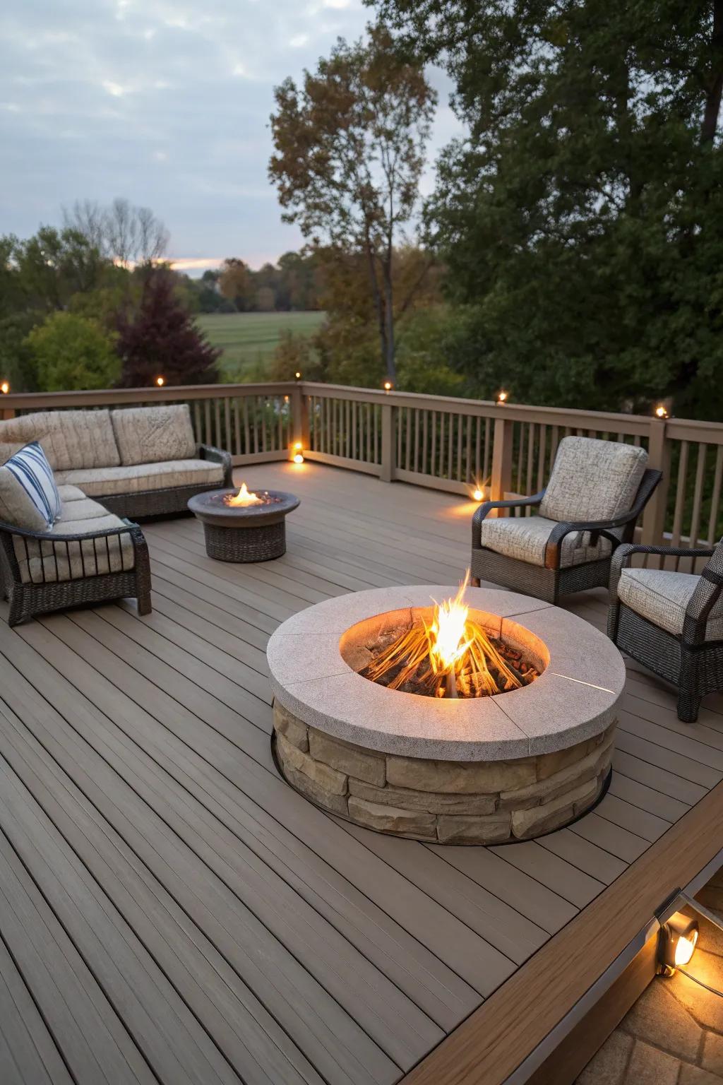 A fire pit adds warmth and a focal point to this deck.