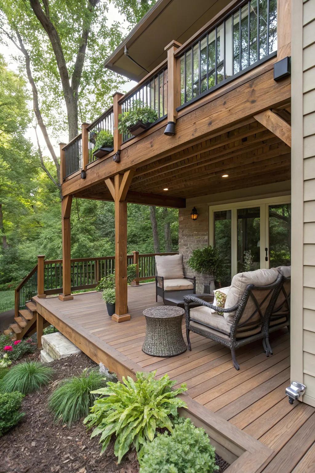 Elevated composite deck with a cozy under-deck oasis, perfect for relaxation.