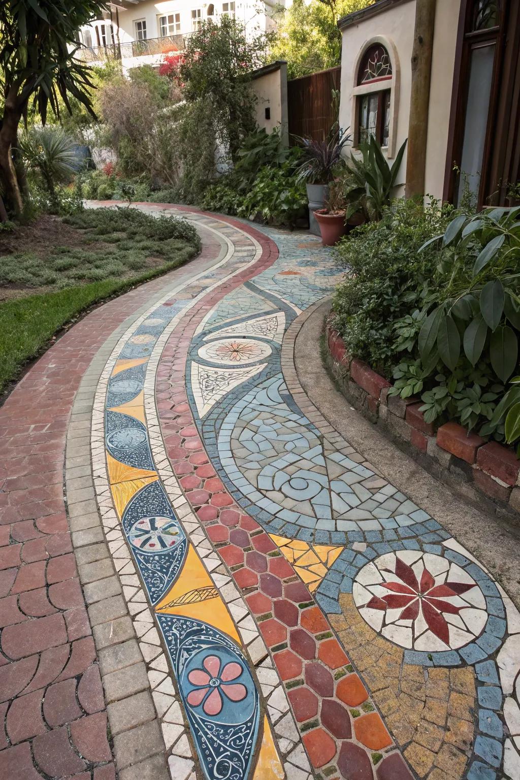 A stunning artistic mosaic composite walkway adding flair to the garden.