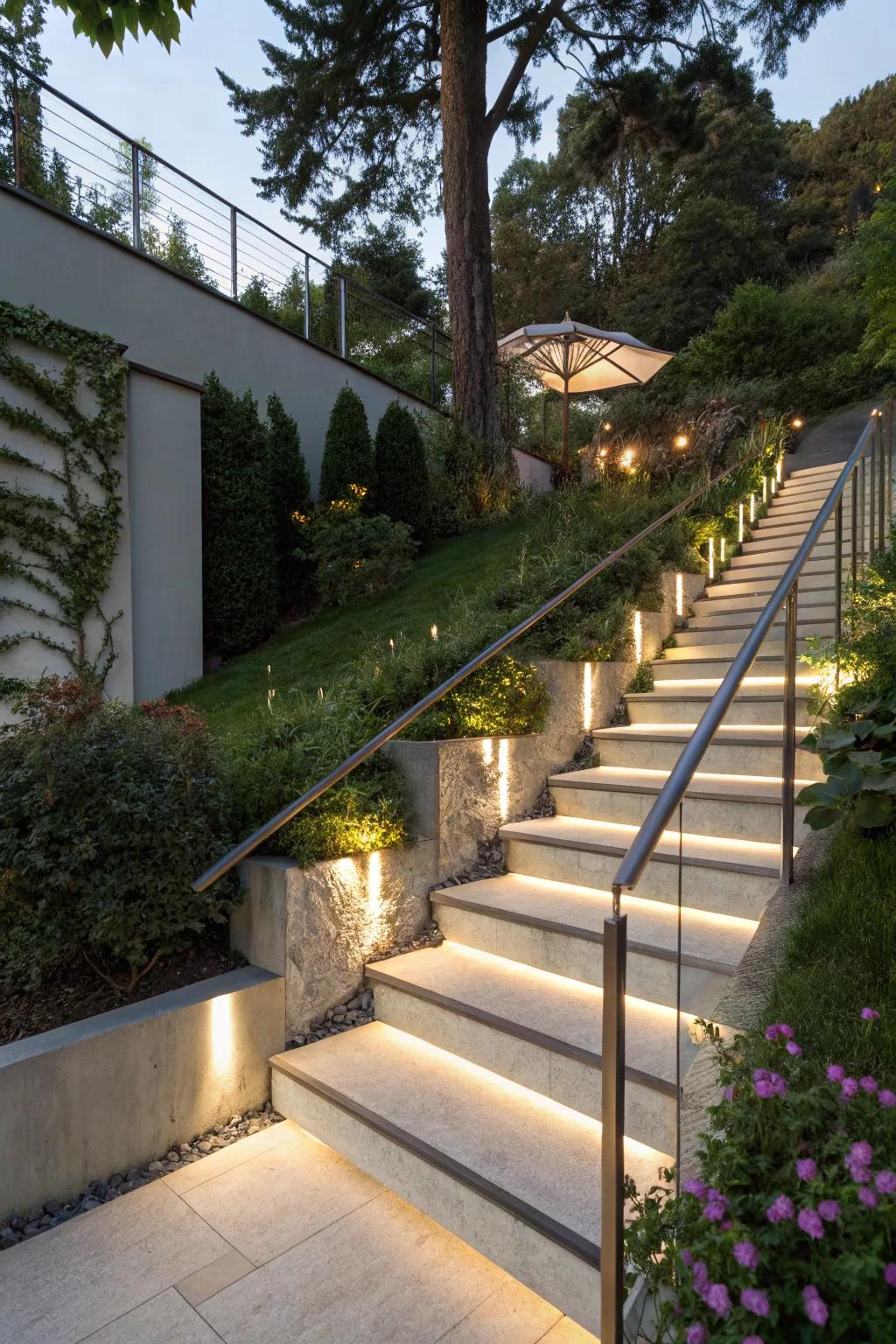 Elegant concrete stairs with integrated lighting enhancing a garden landscape.