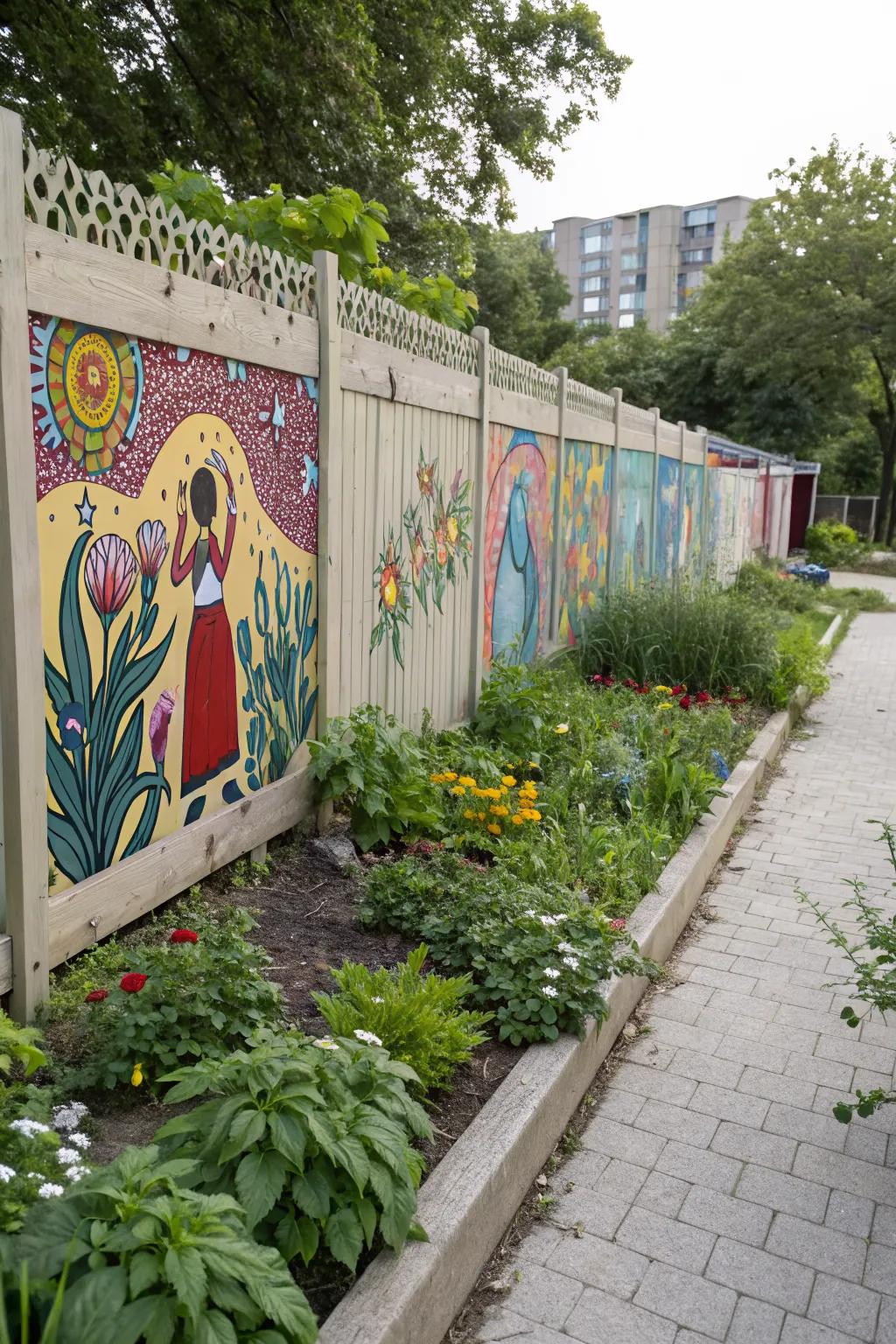 Artistic murals make this concrete fence a garden centerpiece.