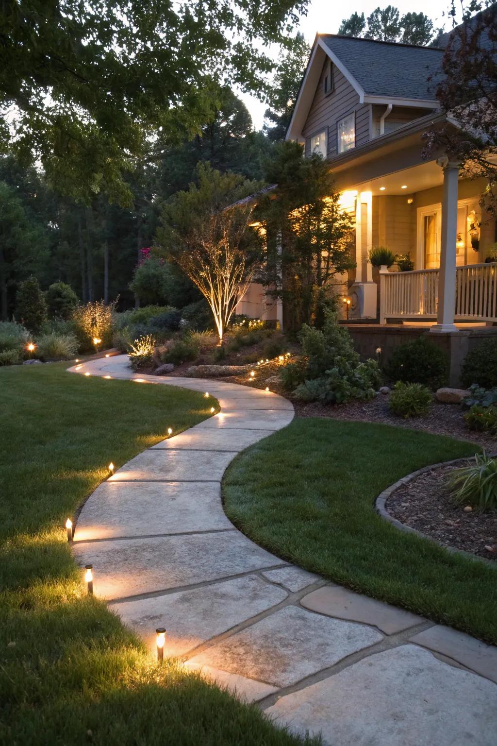 Lighting enhances the allure and safety of concrete paths.