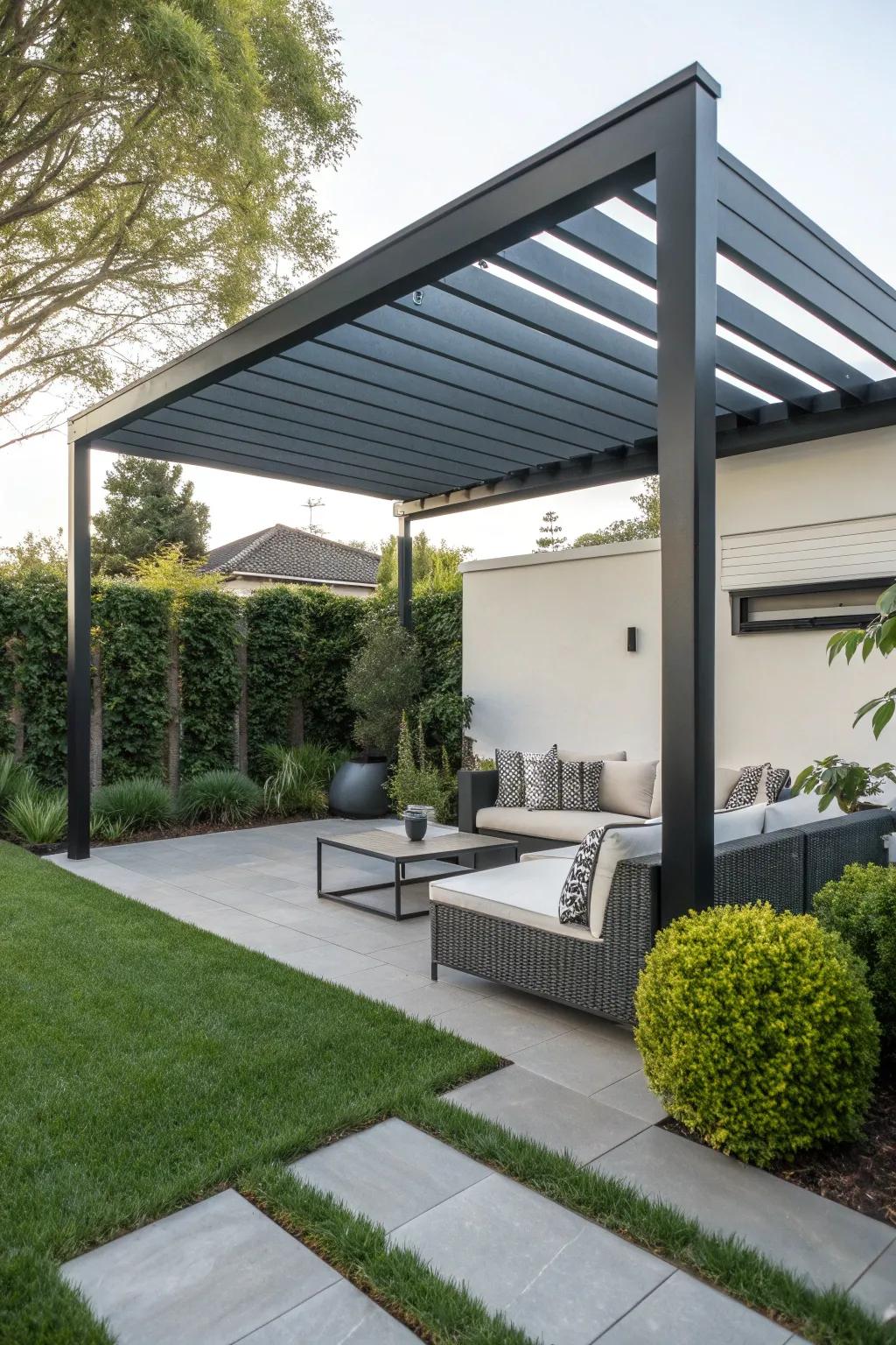 A pergola provides shade and a touch of elegance.