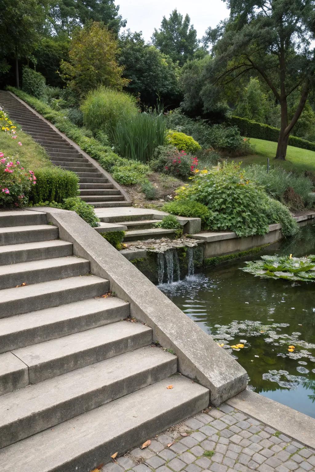 Water features add luxury and tranquility to concrete stair designs.