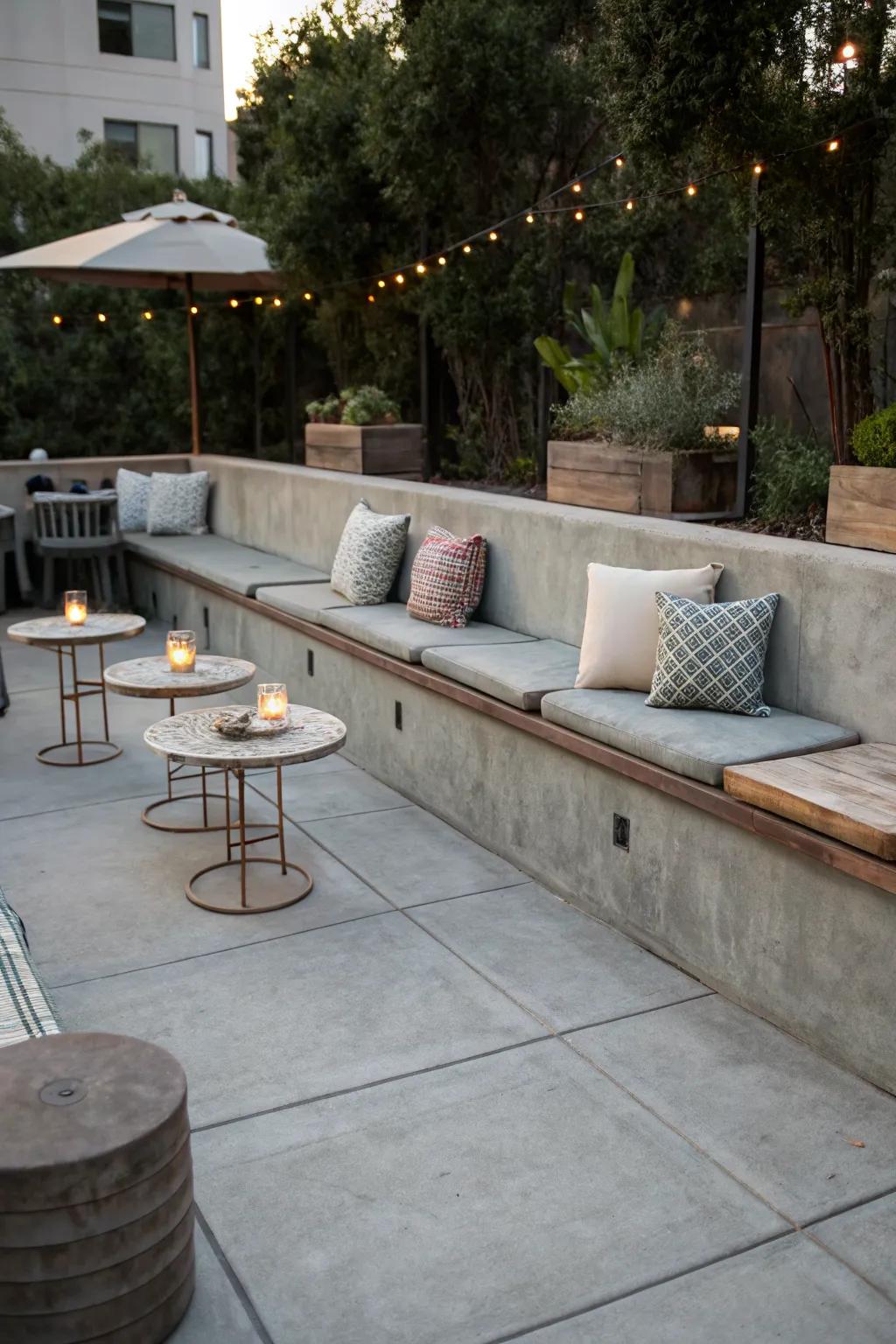 Integral seating like benches maximizes space and functionality.