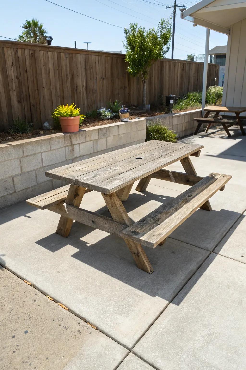 A picnic table invites open-air dining on your patio.