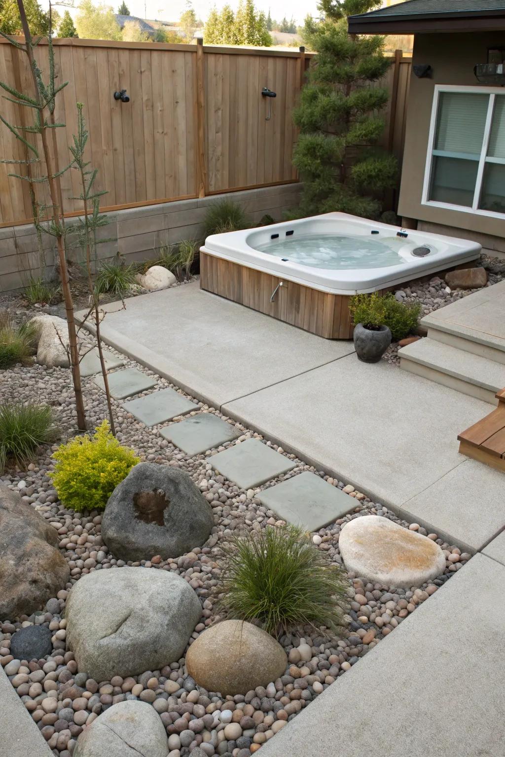 Zen garden elements bring serenity to a concrete patio with a hot tub.