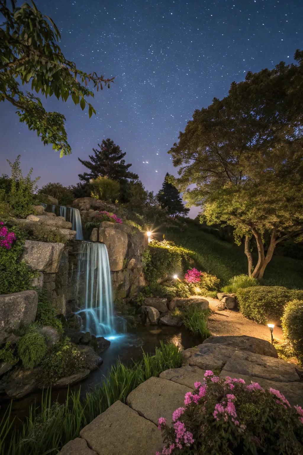 A magical glow-in-the-dark waterfall lighting up the night.