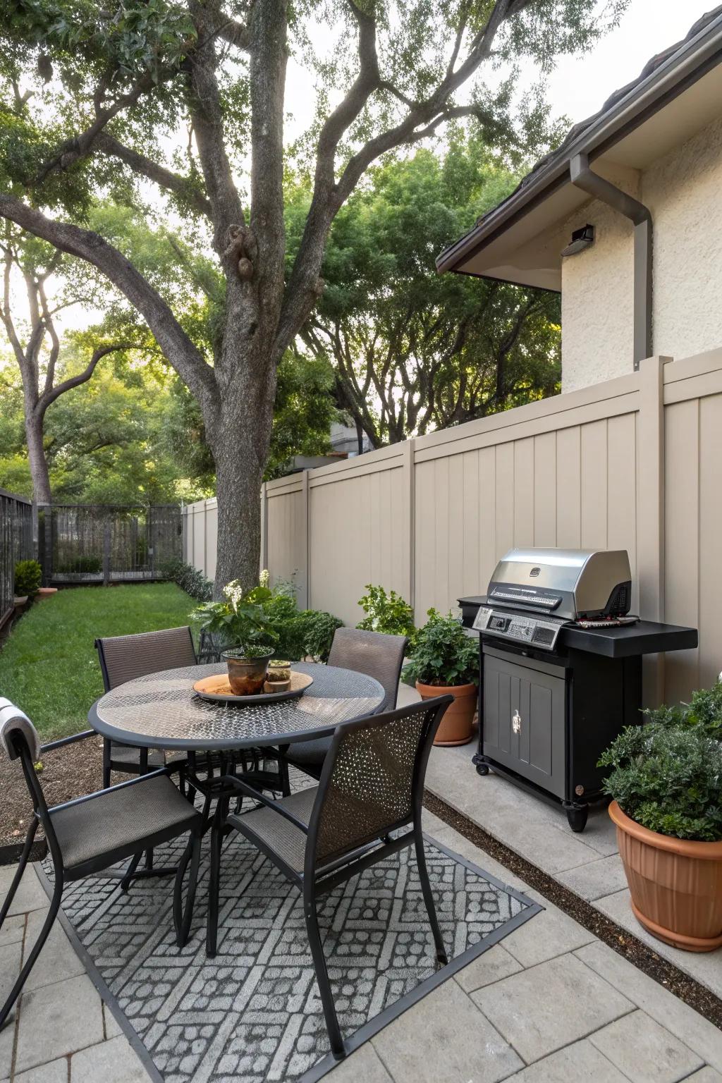 An outdoor dining area offers a charming spot for meals in a condo backyard.