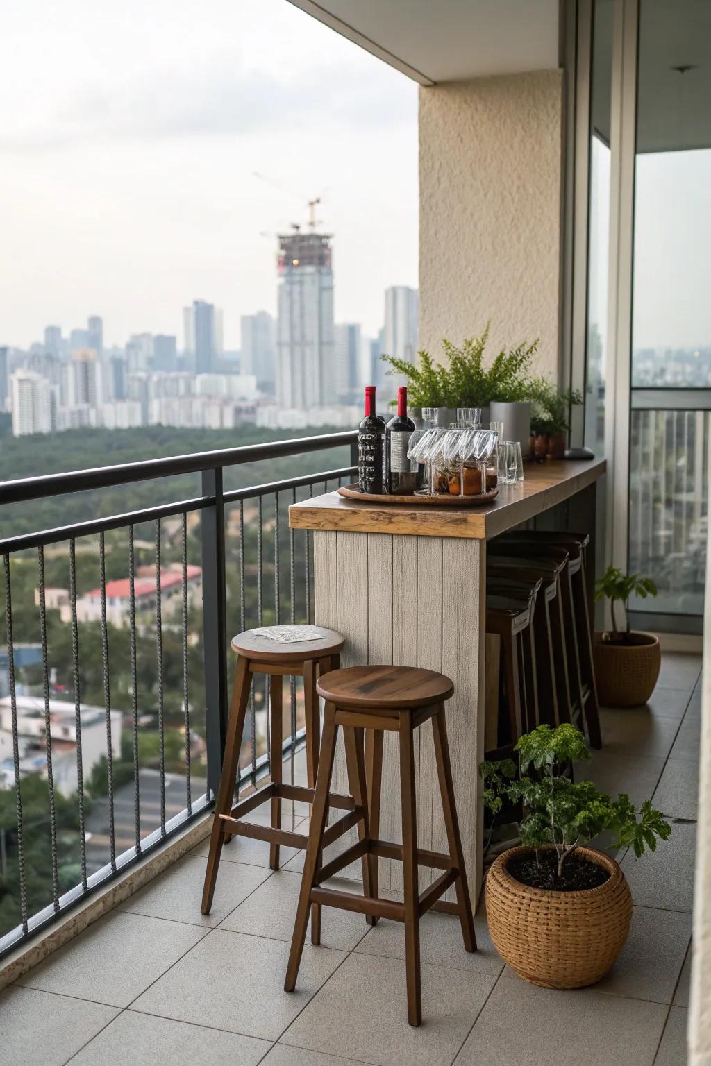 Bring happy hour to your balcony with a cozy bar setup.