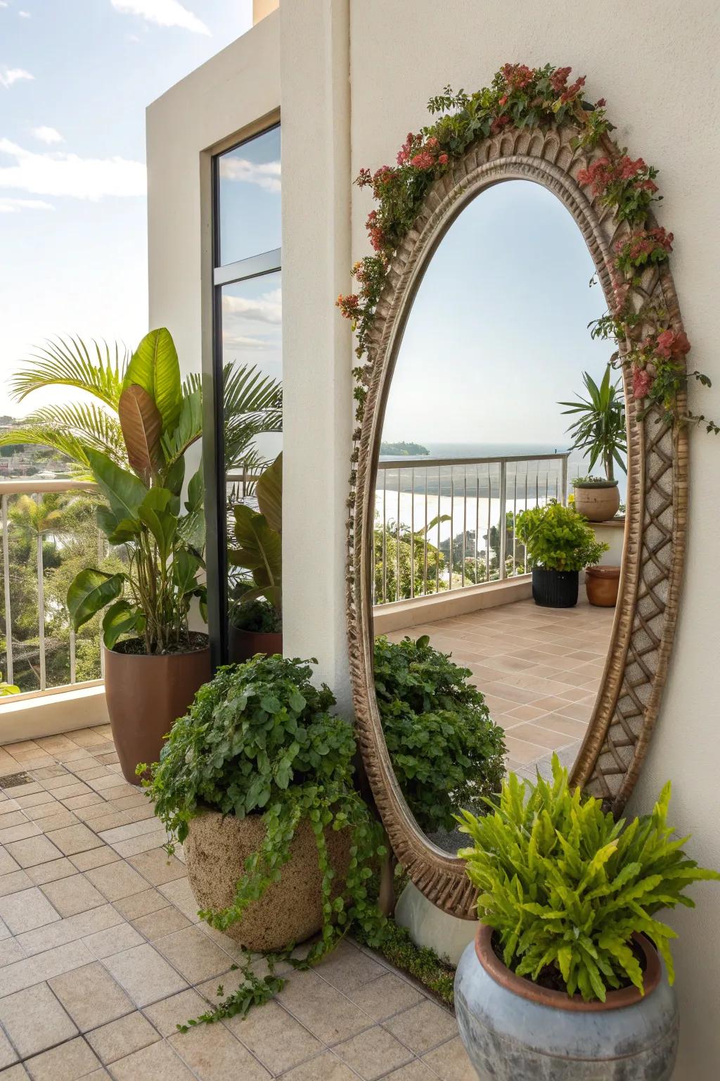 A mirror expanding the visual space of a condo patio.