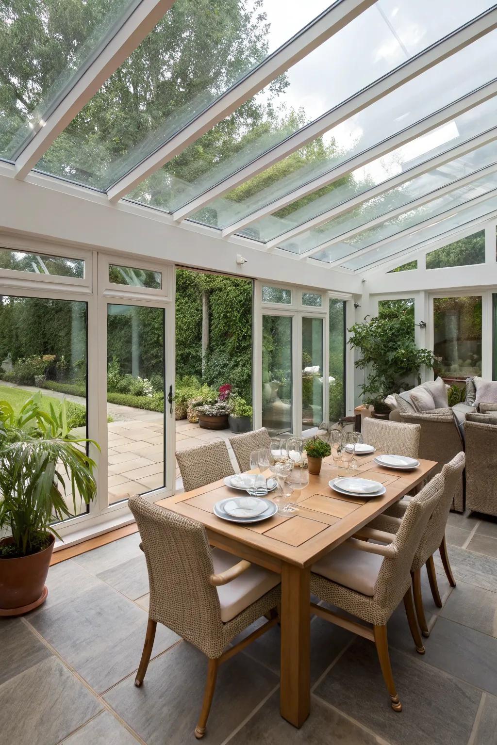 Glass dividers subtly defining distinct areas in the conservatory.