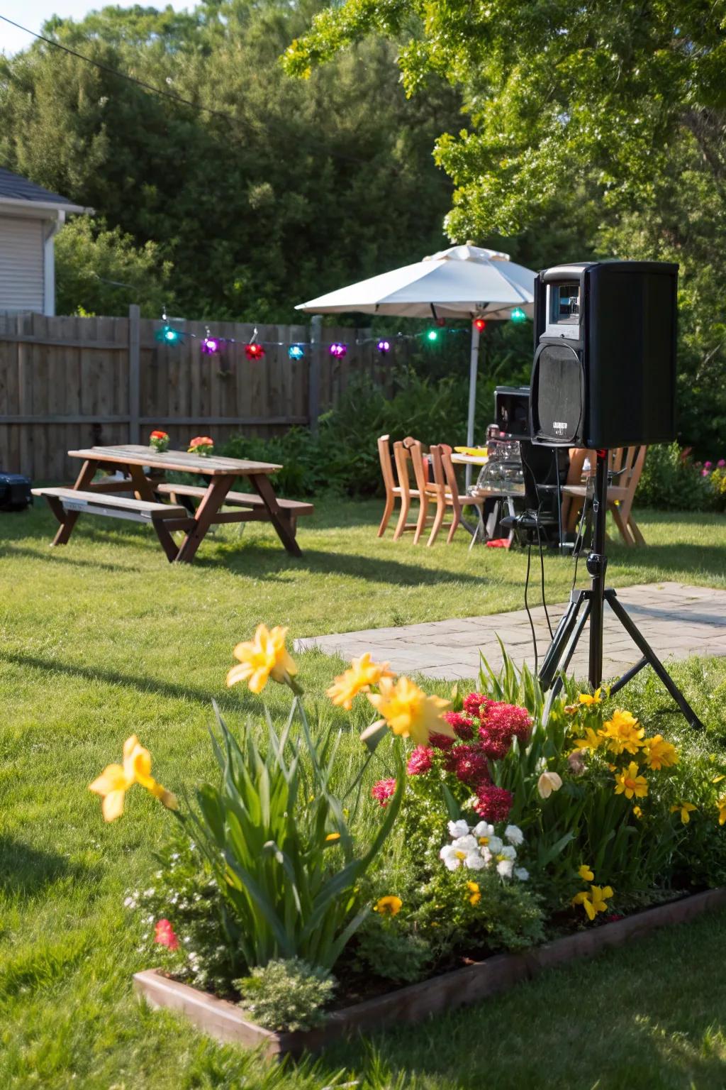 An outdoor speaker providing the perfect soundtrack for the cookout.