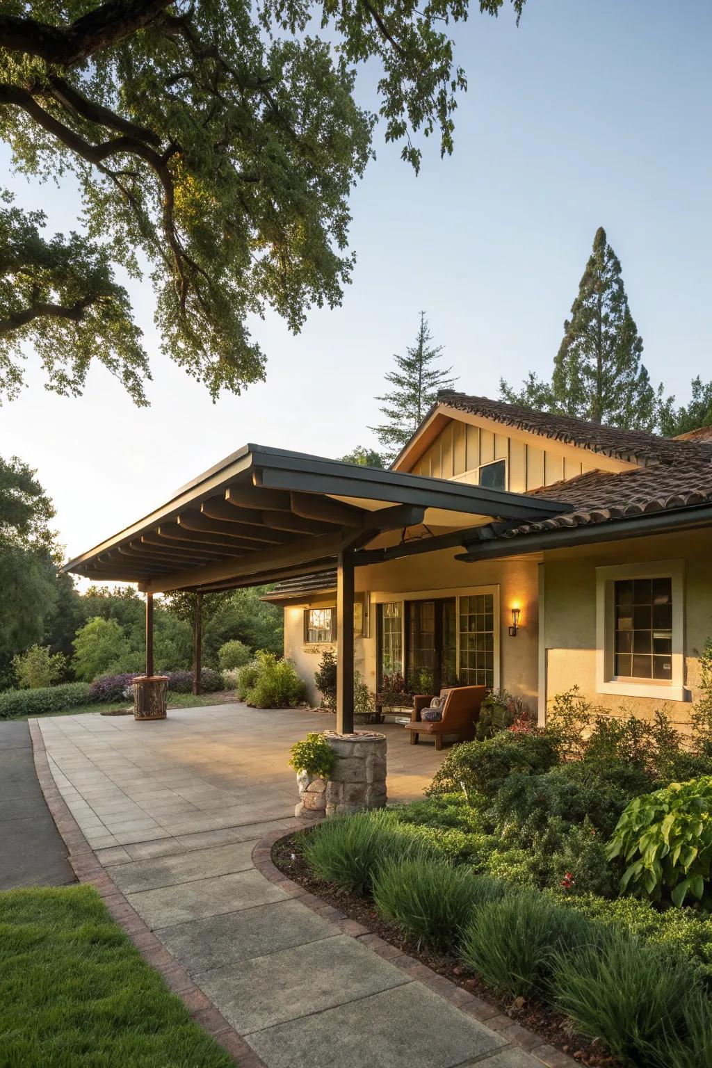 A home with roof overhangs adding shade and elegance.