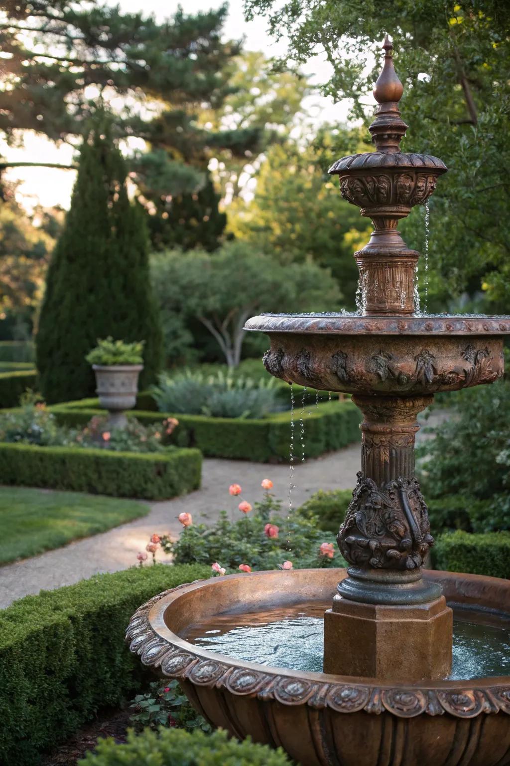 A charming vintage copper basin repurposed as a fountain.