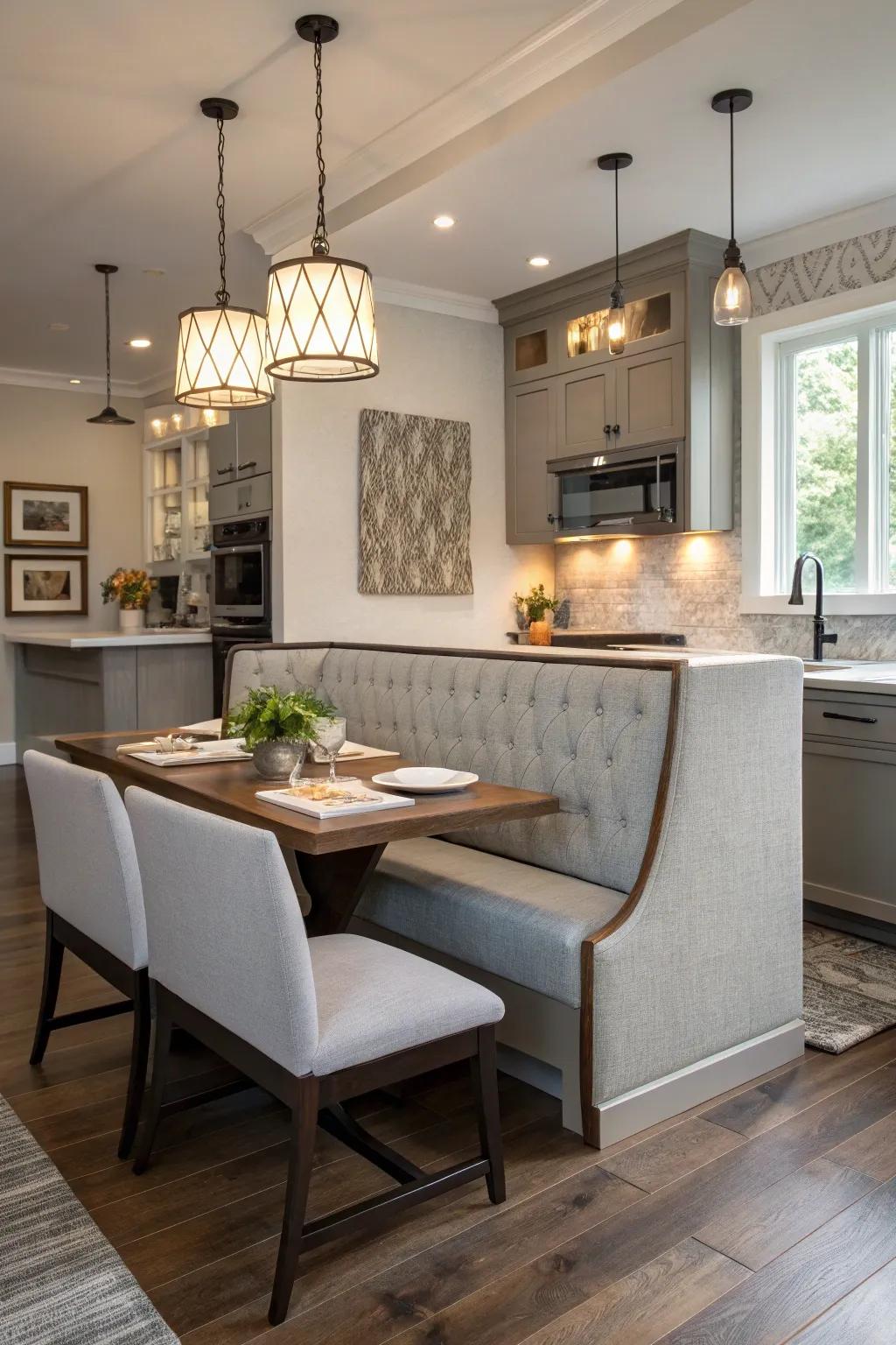 A high-back corner bench providing comfort and style in the dining area.