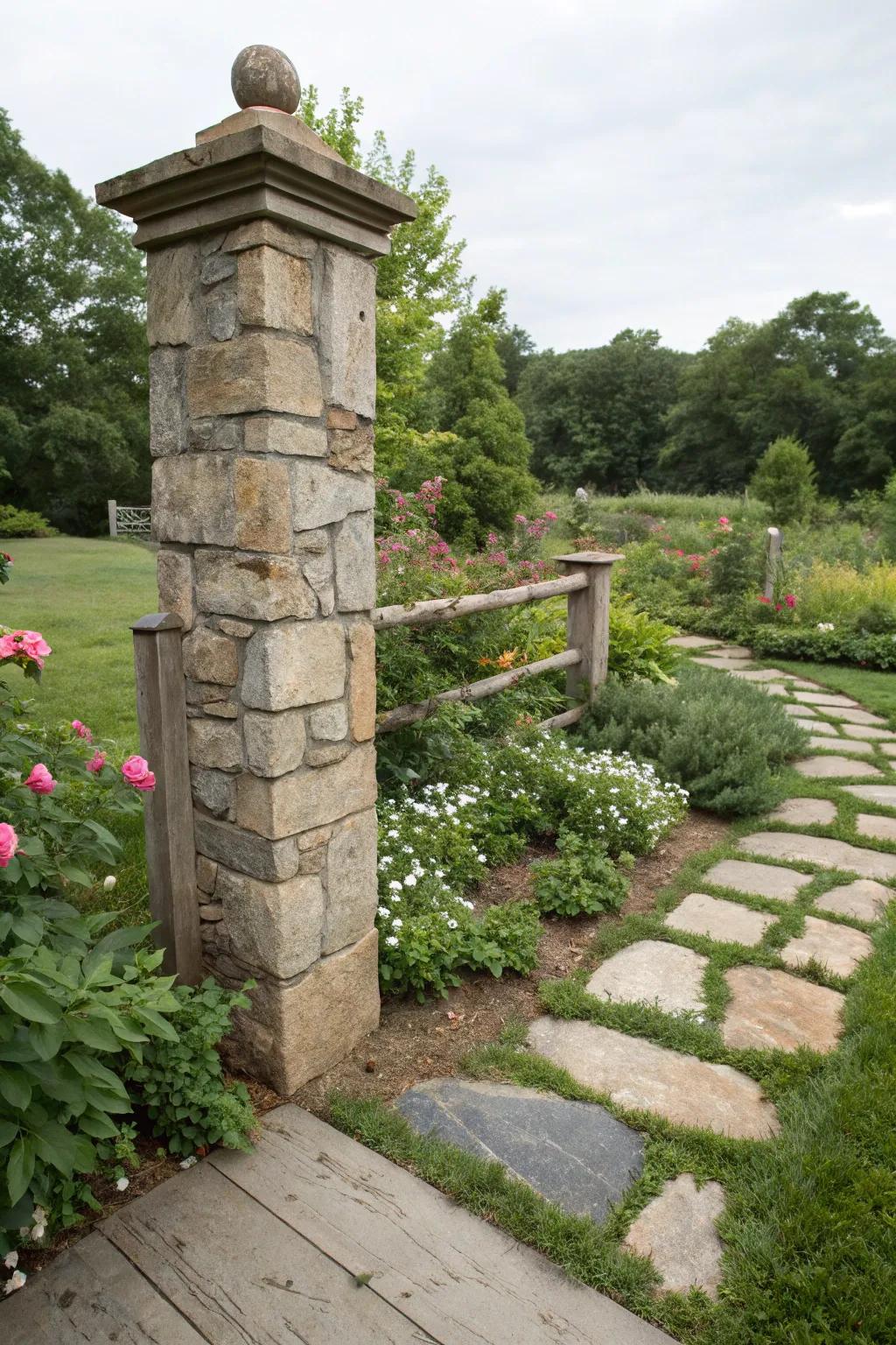 Natural stone posts provide a timeless, earthy appeal.