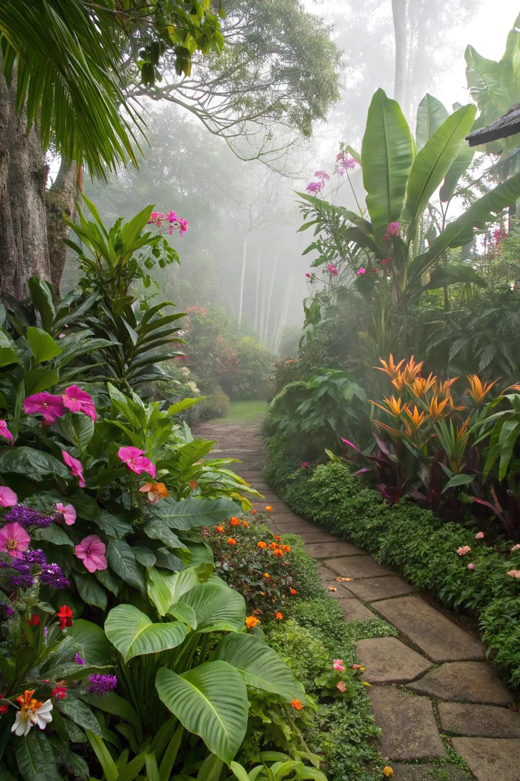 A tropical paradise blooms in this lush corner garden.