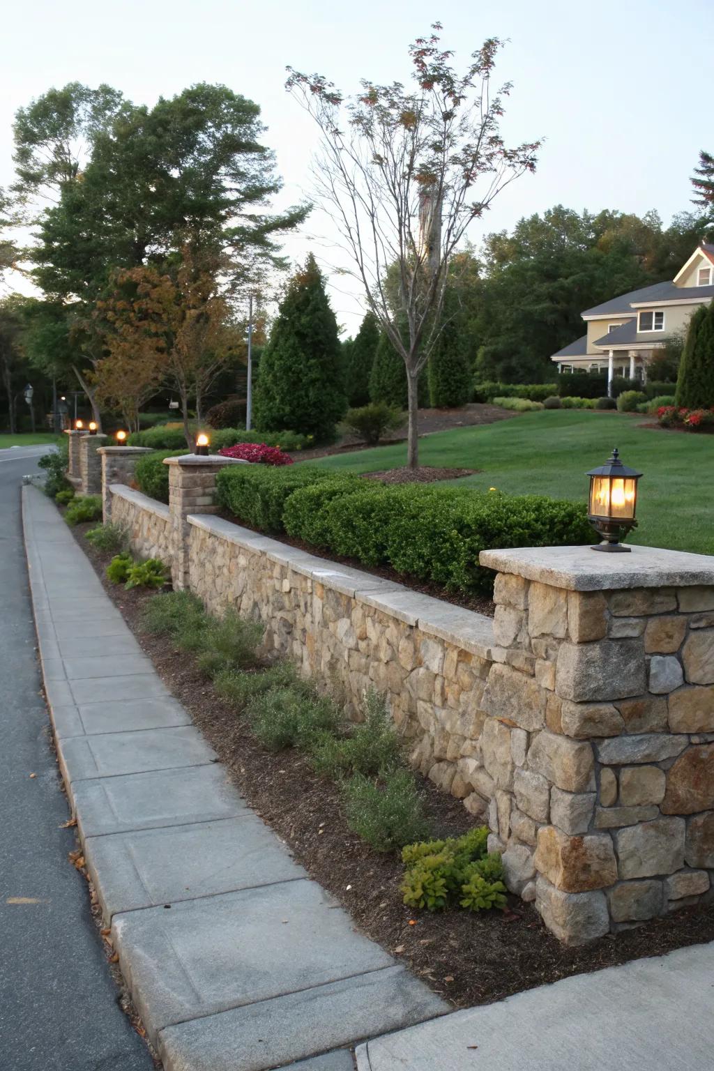 A stone wall adds elegance and privacy.