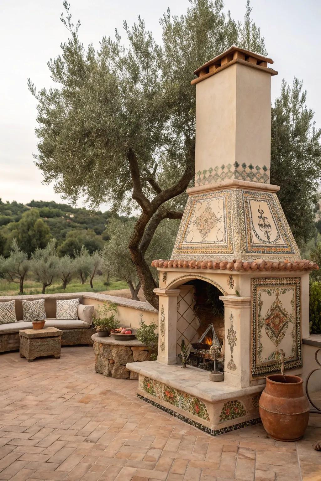 A Mediterranean oasis with terra cotta charm surrounding the fireplace.