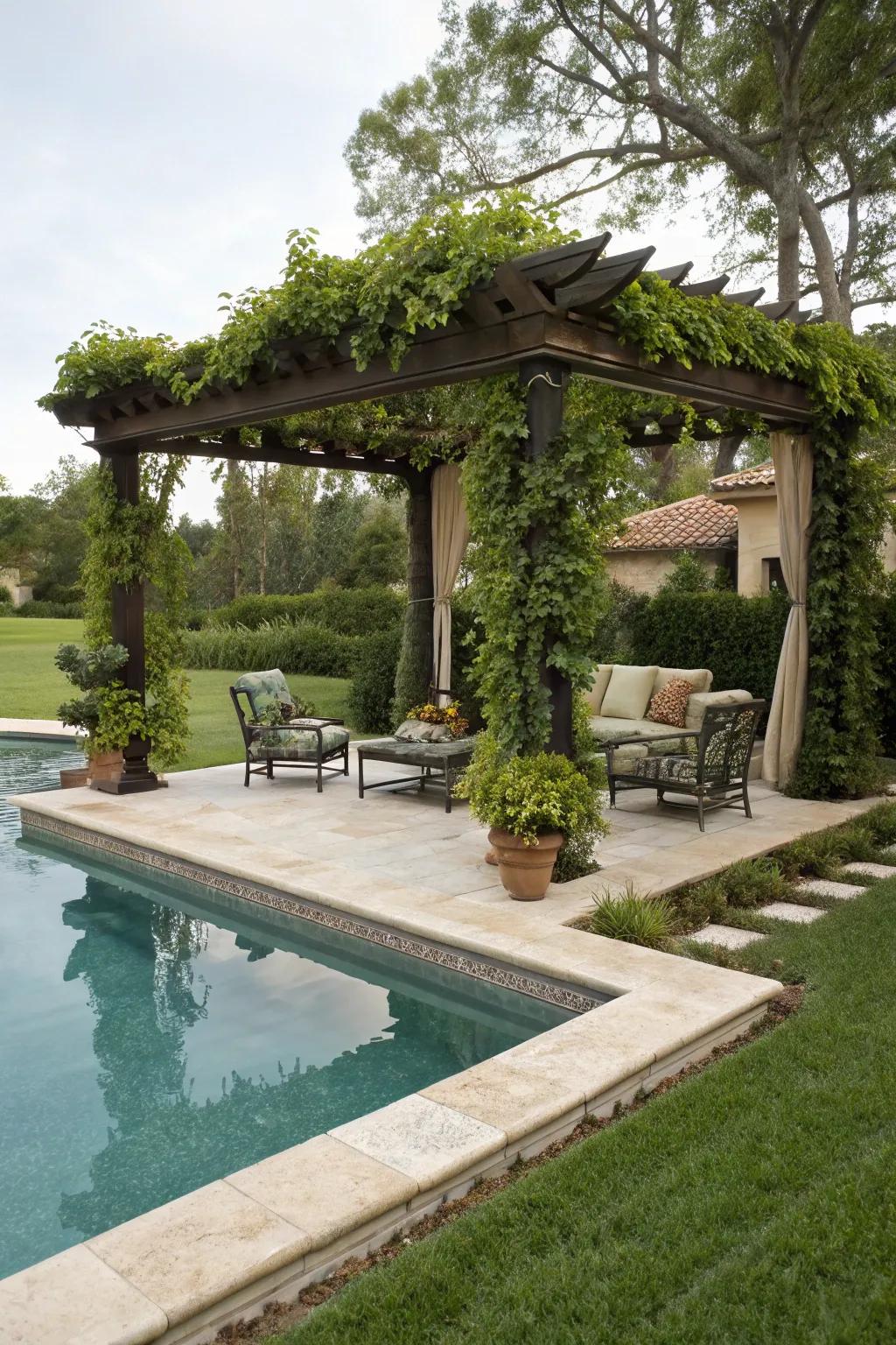 Pergolas add elegance and comfort to pool settings.