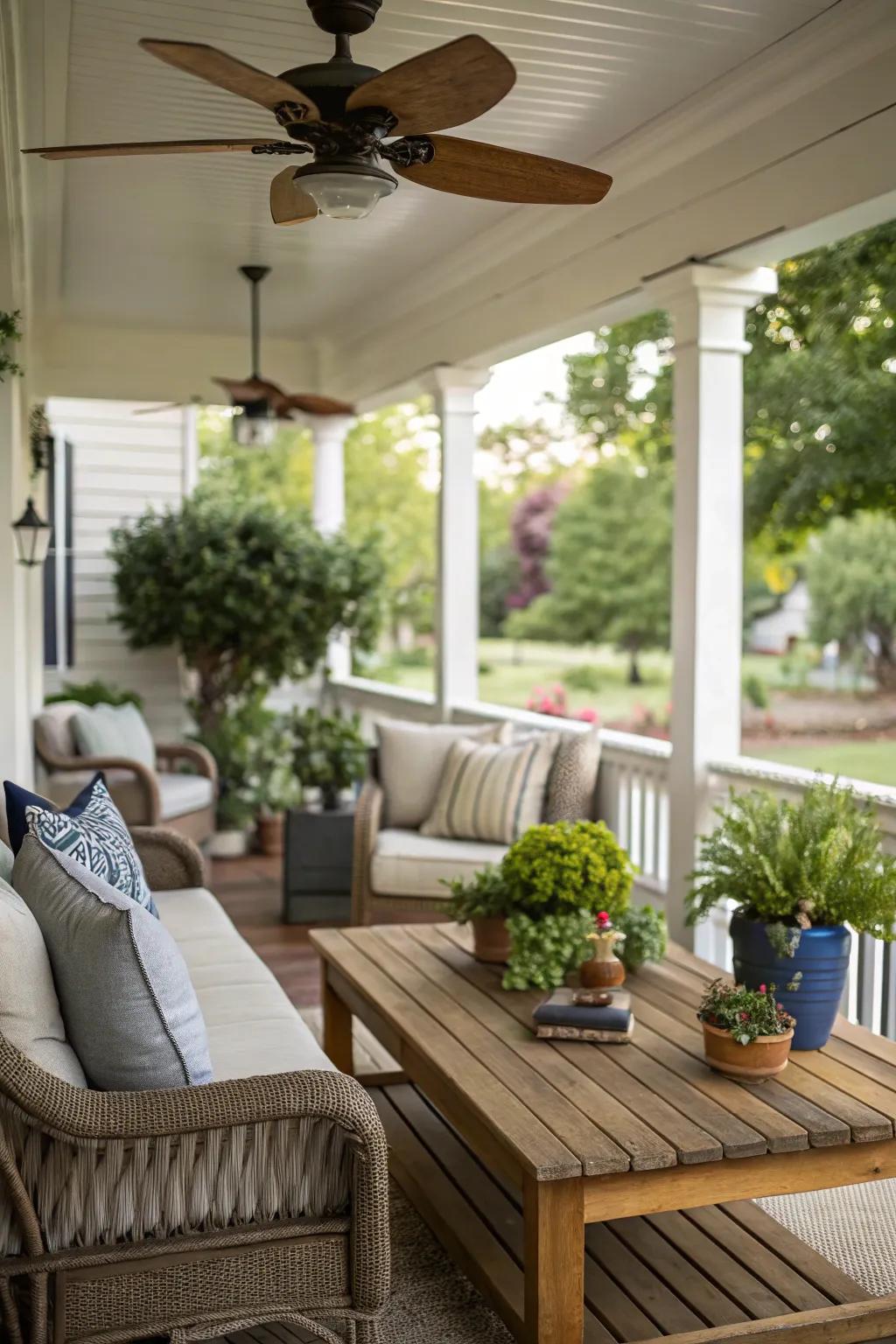 A ceiling fan providing comfort on a corner porch.