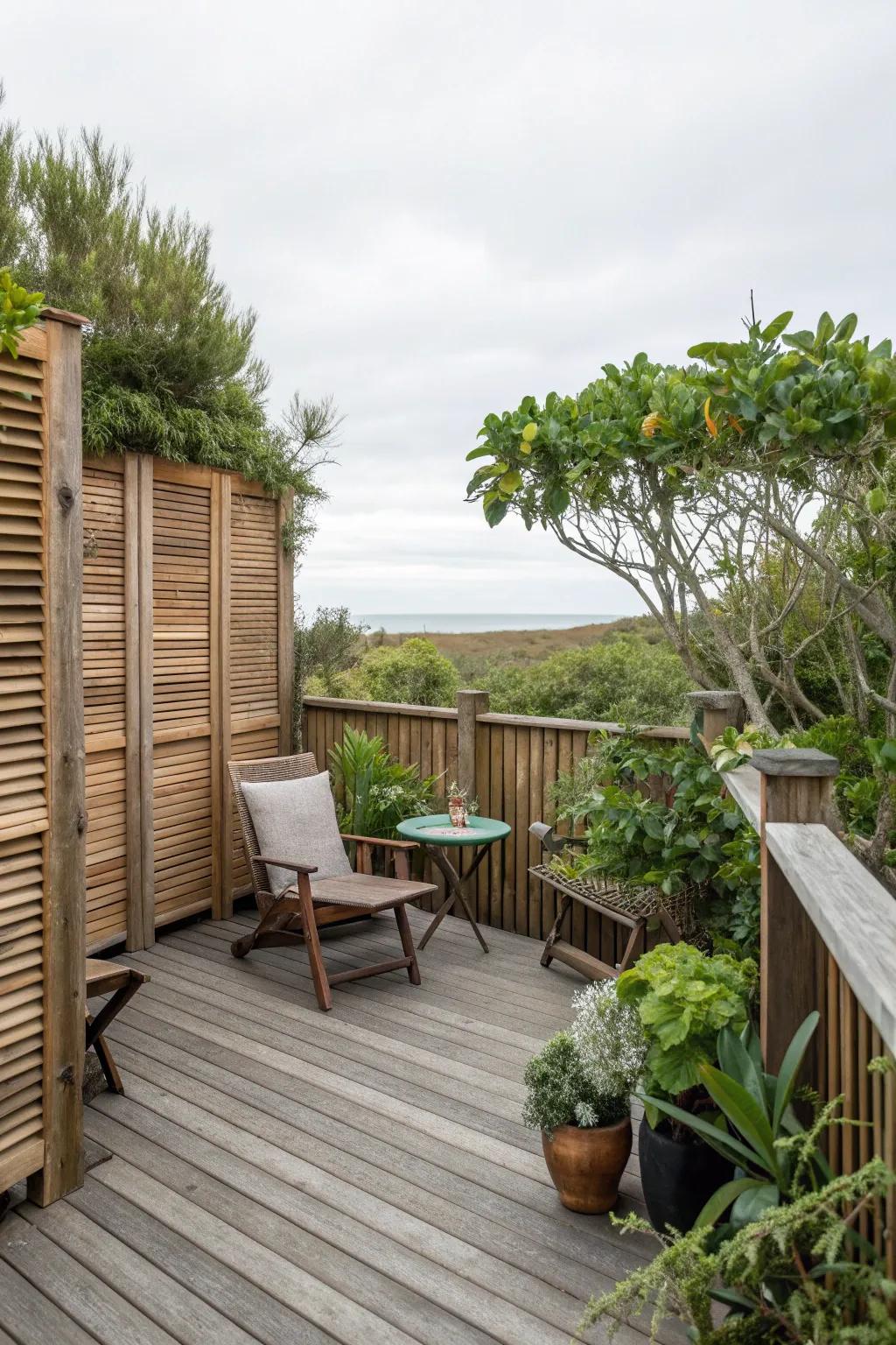 Privacy screens create a secluded, intimate atmosphere on this deck.