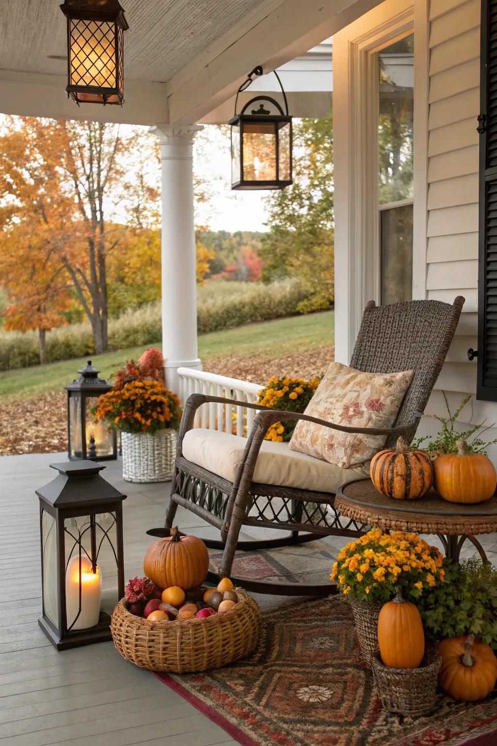 A festive cottage porch with a seasonal decor display.