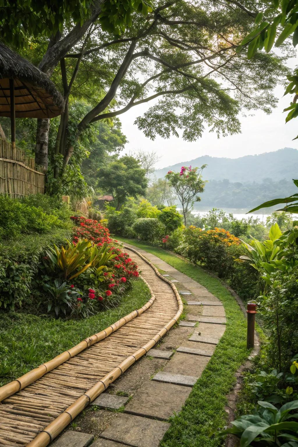Bamboo edging providing a natural border to a garden path.