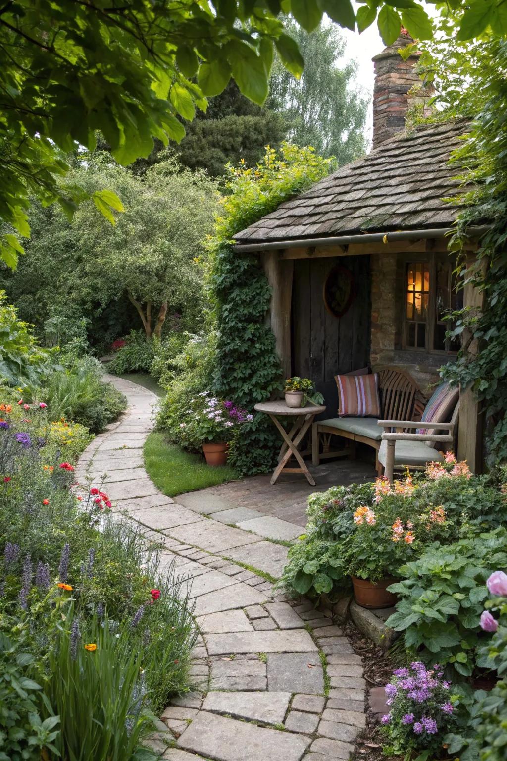 A hidden nook offers a peaceful retreat within the garden.