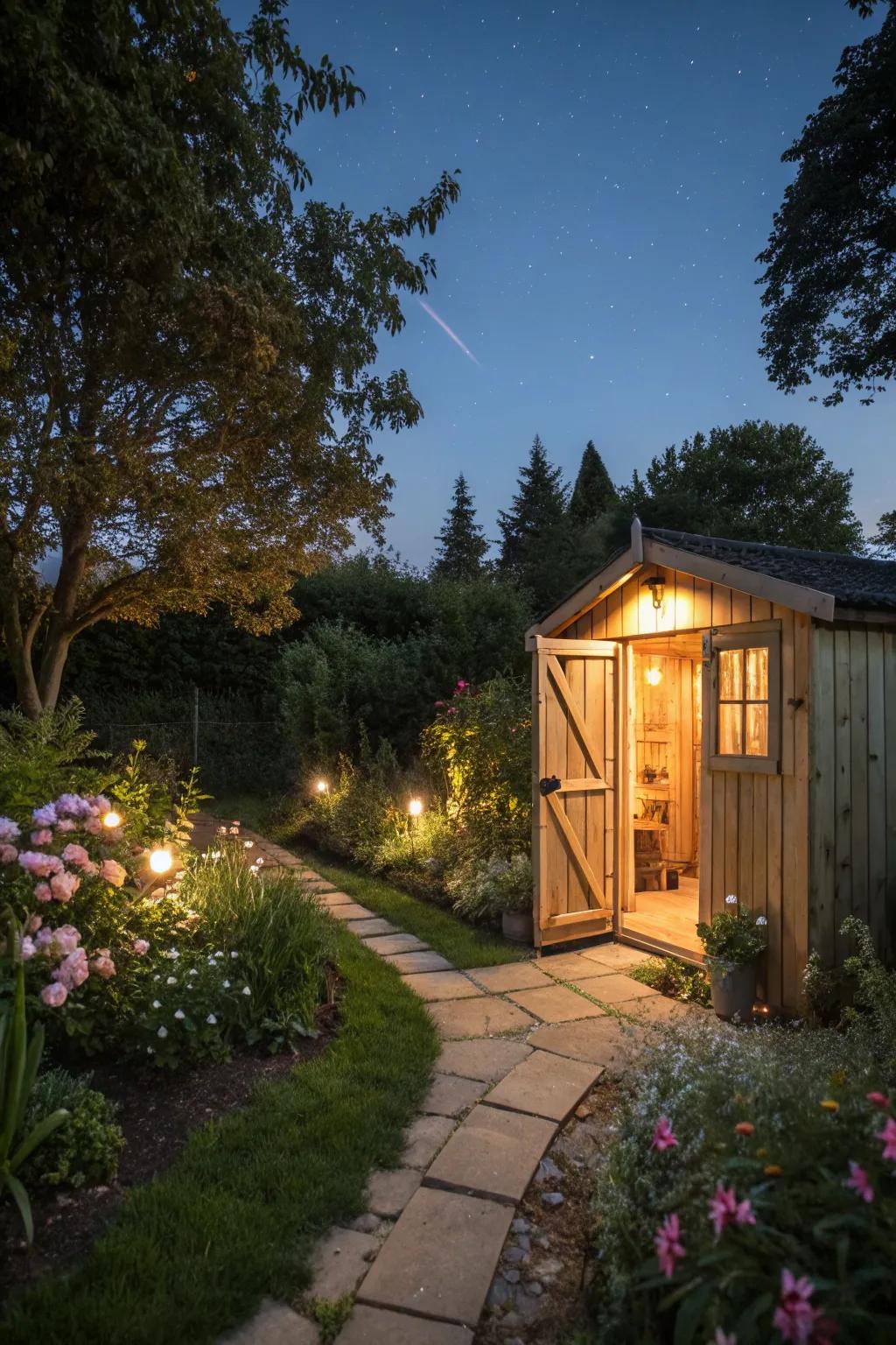 Solar lights create a welcoming glow around this garden shed.