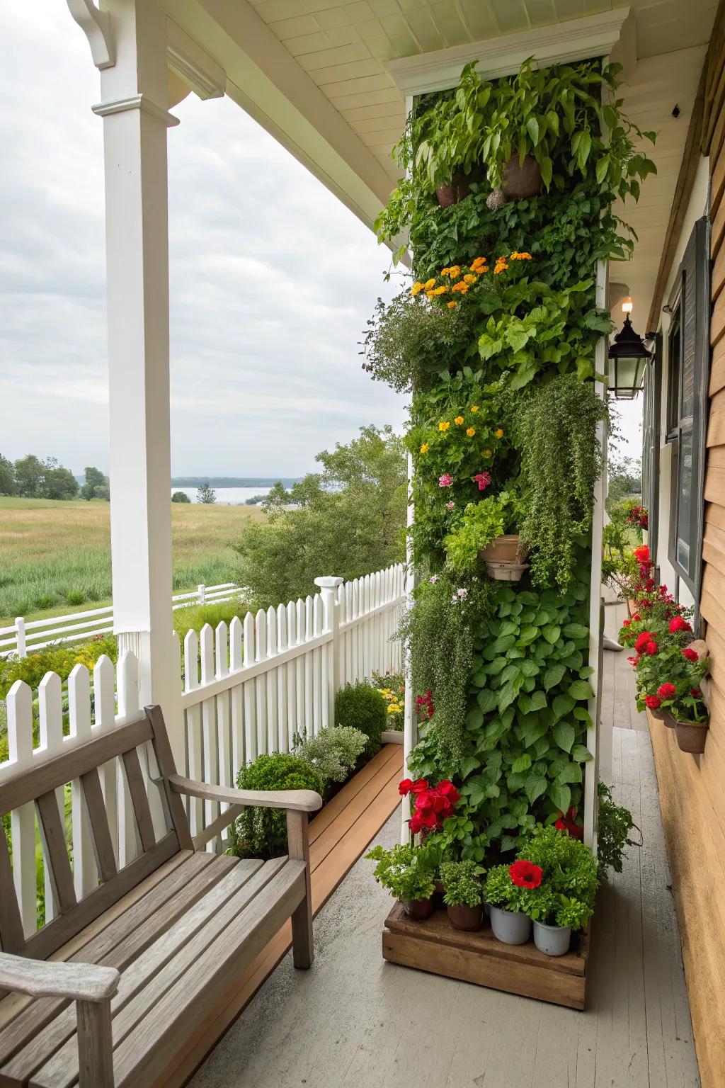A vertical garden makes efficient use of limited porch space.