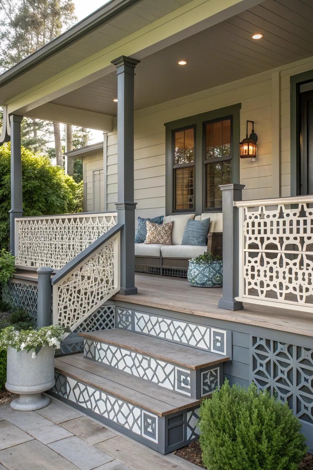 Geometric patterns offer an artistic flair to porch railings.