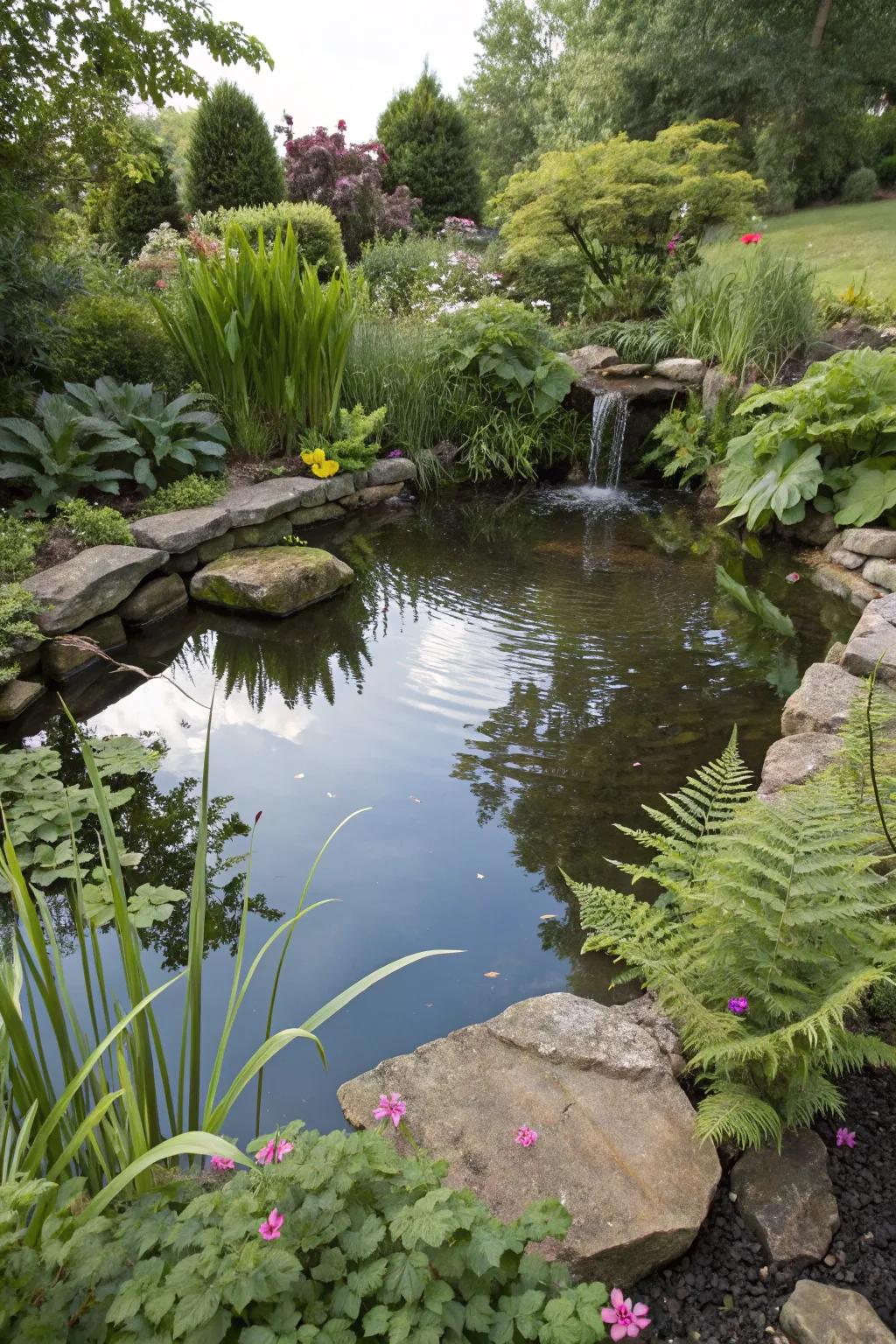 A serene pond brings tranquility to the garden.