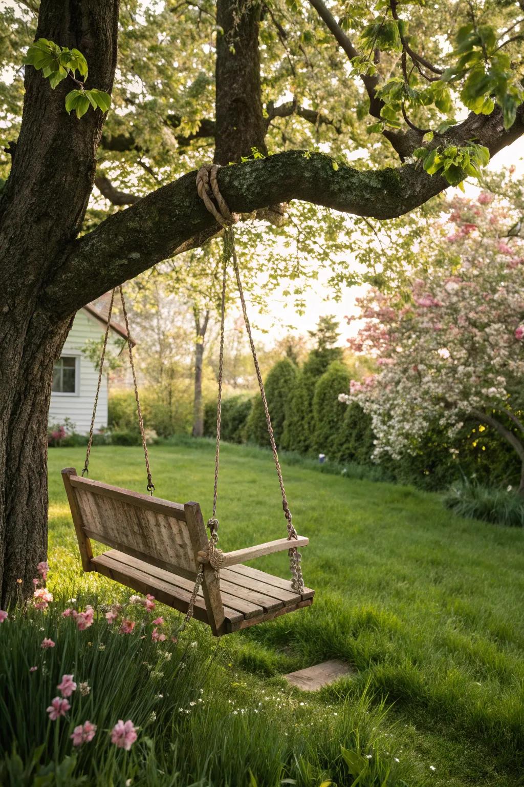 Add a touch of playfulness with a wooden swing in your backyard.