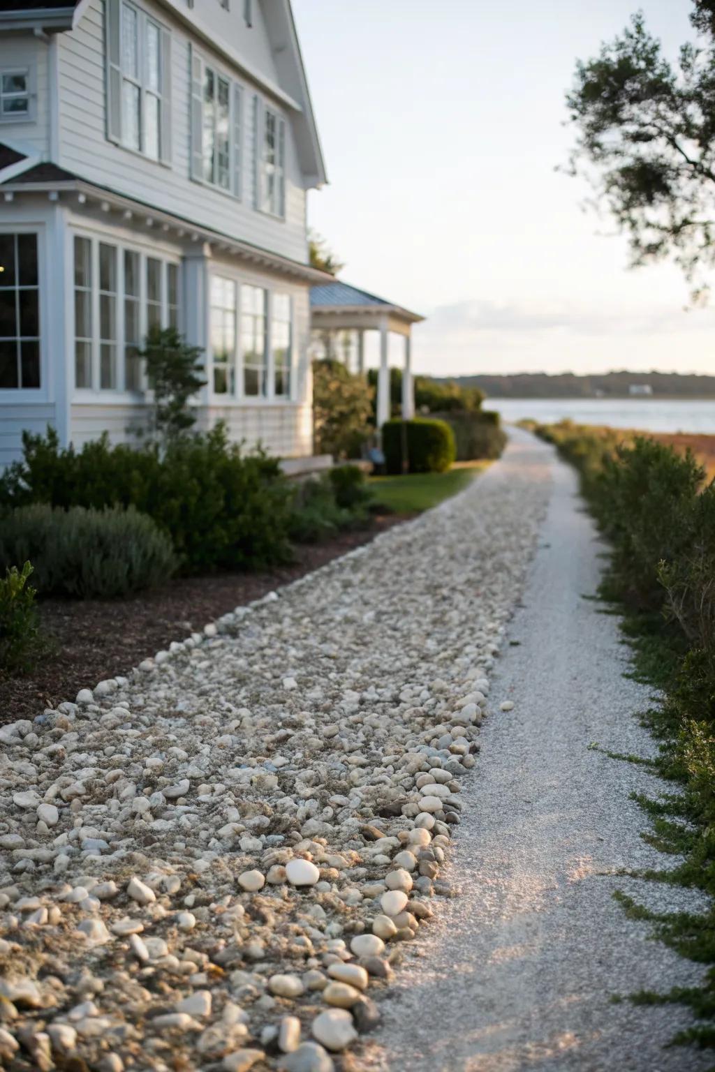 A unique oyster shell driveway leading to a coastal home, offering natural compaction and charm.
