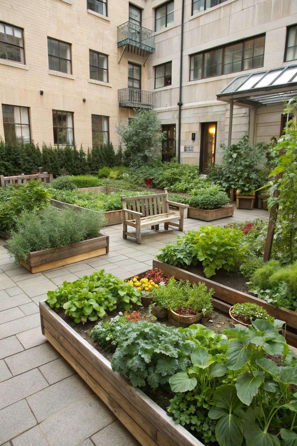 An edible courtyard garden brimming with fresh produce.