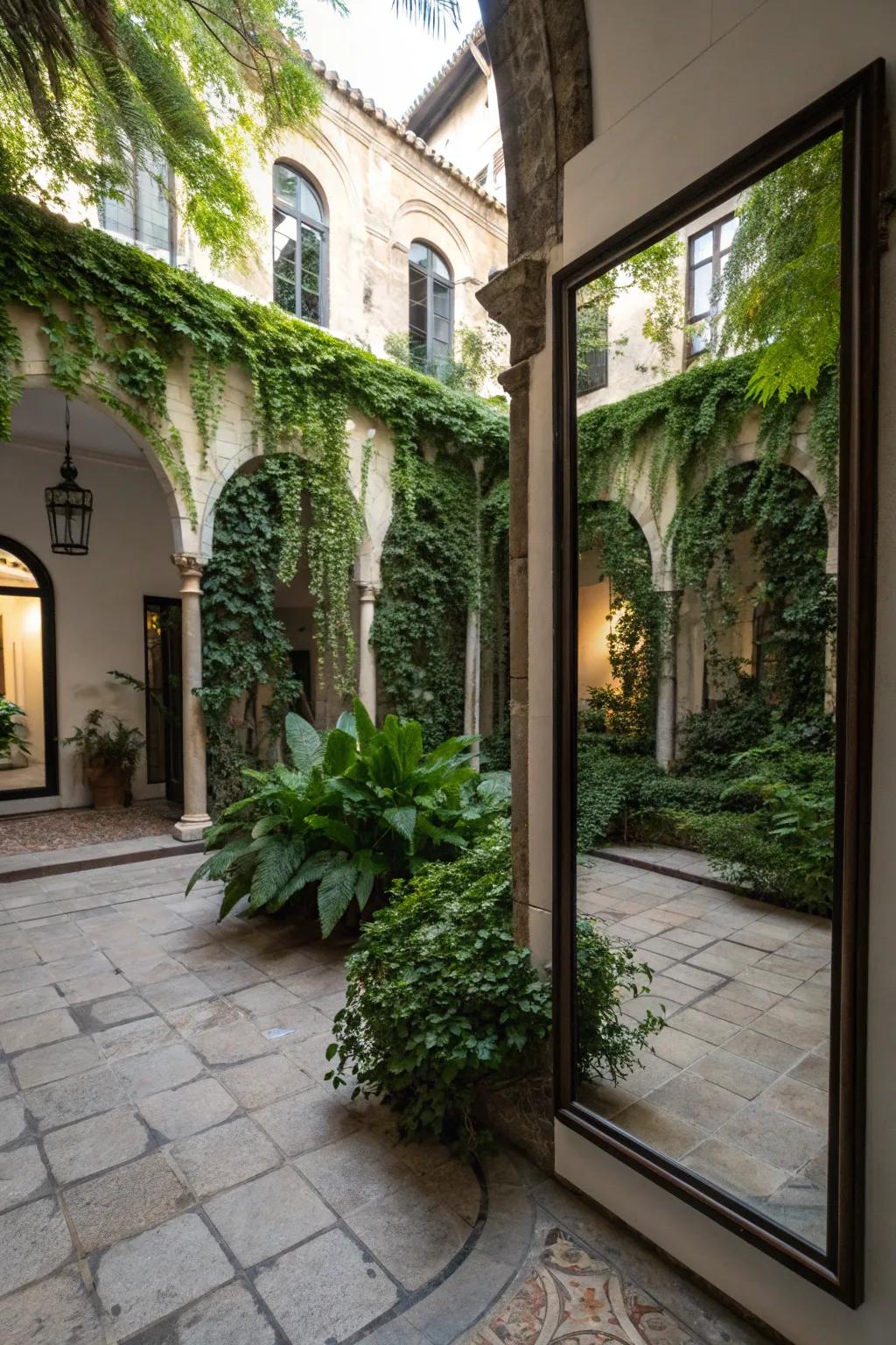 Mirrors creating an illusion of space and openness in the courtyard.
