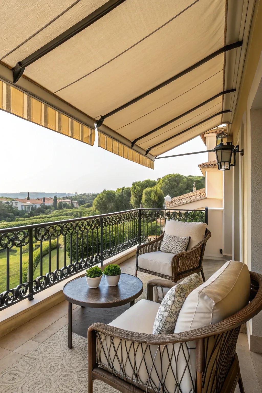 A fabric awning offers shade and style on sunny days.