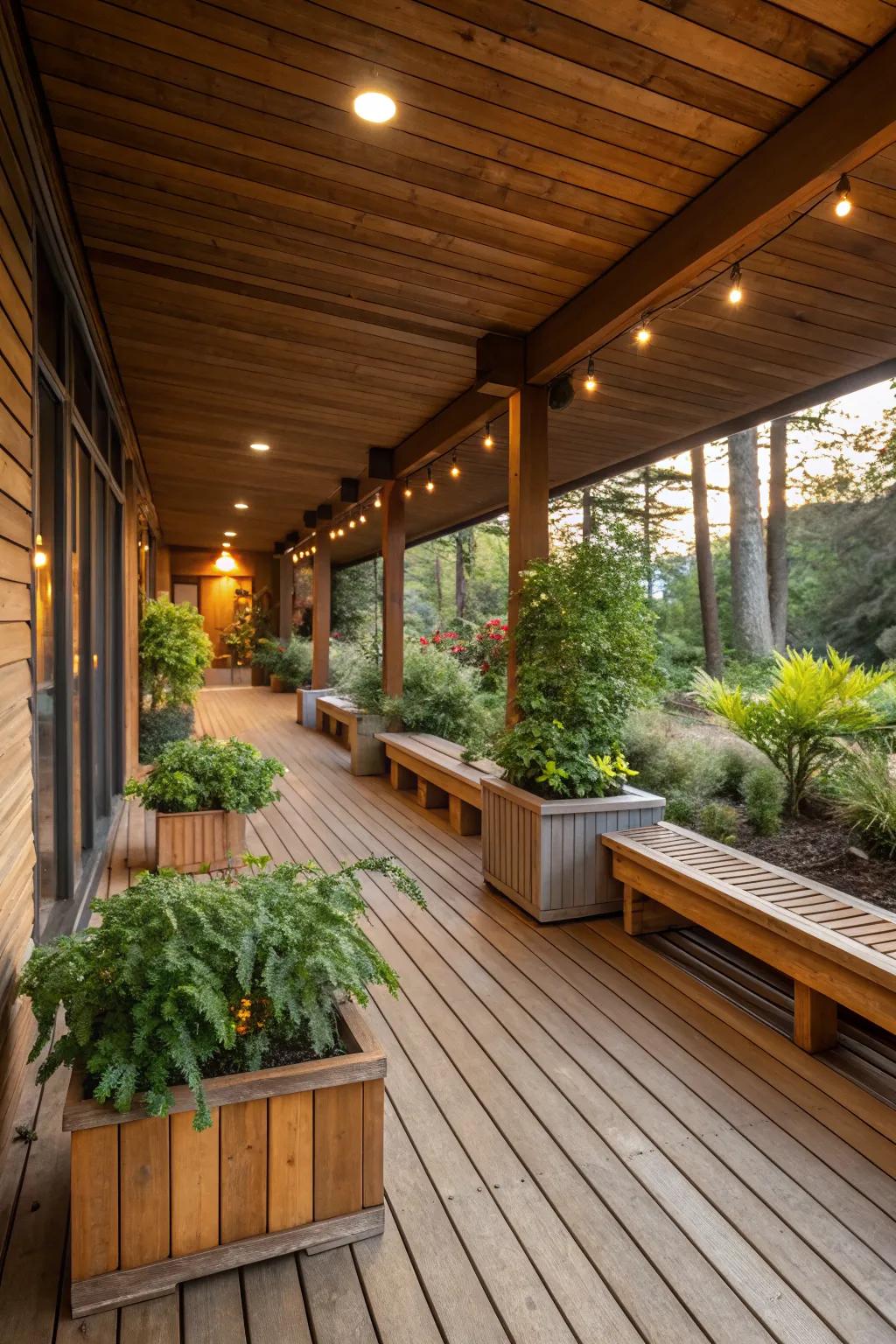 Natural wood elements bring warmth and an organic feel to the deck.