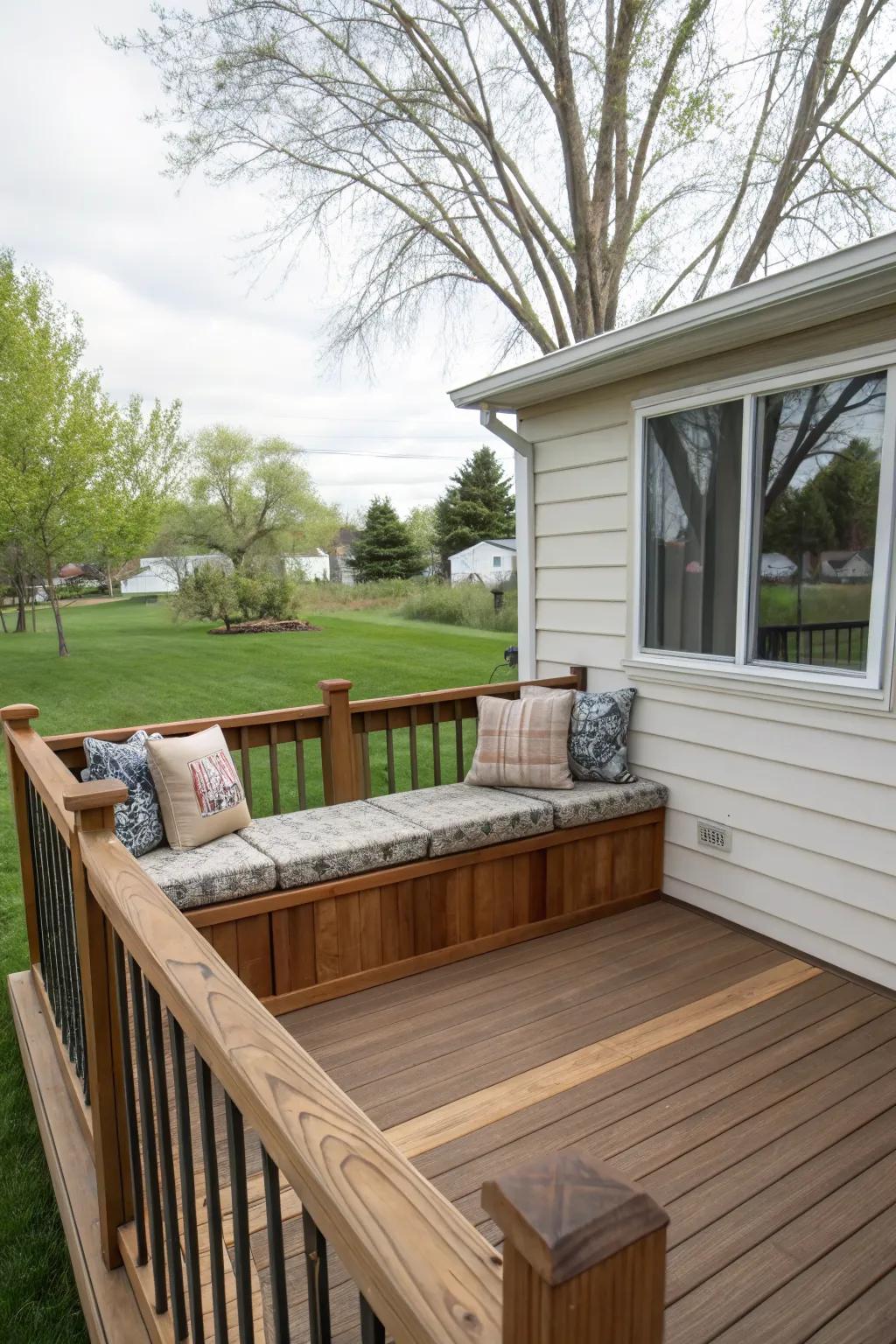 Functional and stylish deck with a built-in bench along the edge.