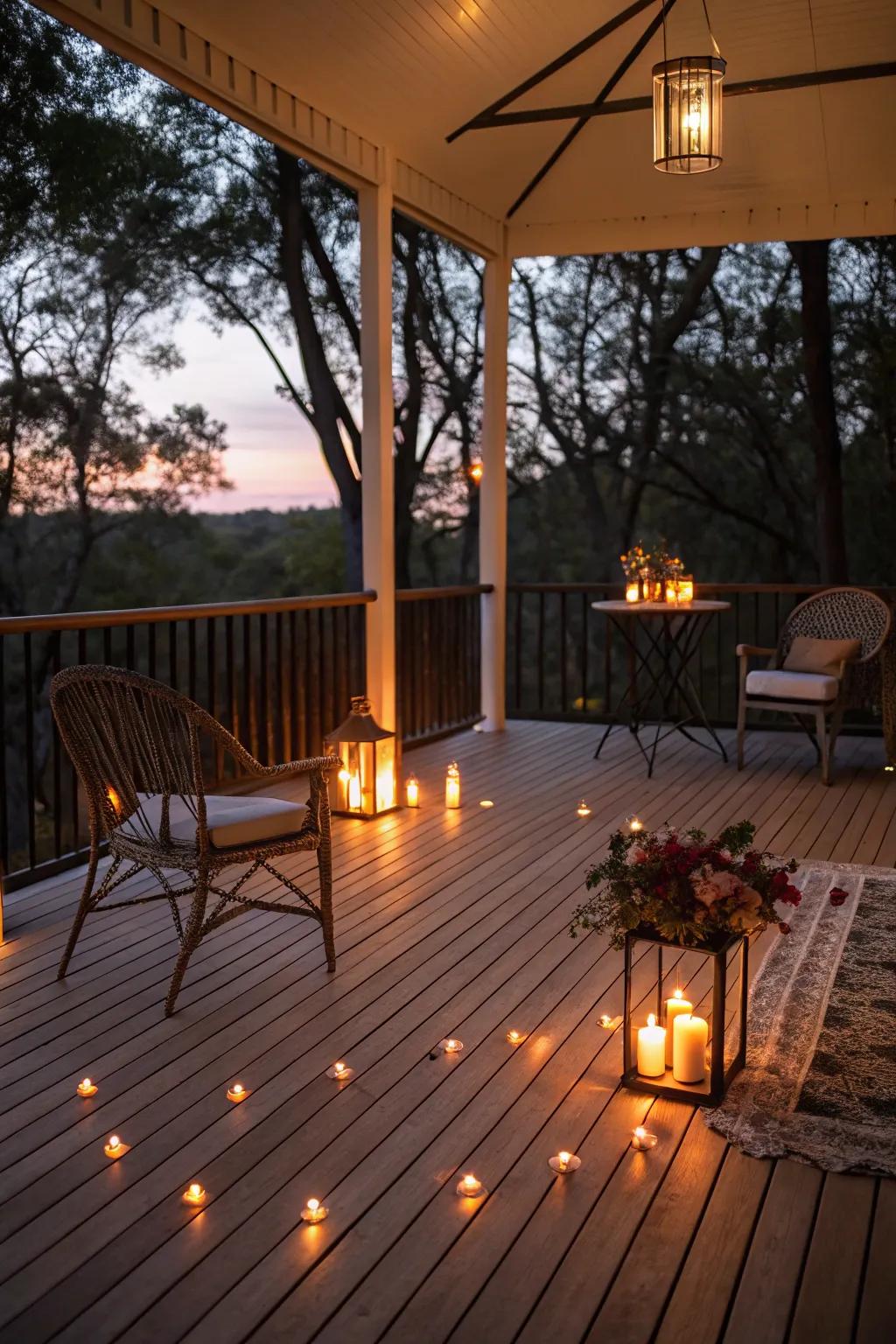 Candles scattered around a covered deck add a warm, romantic flicker.