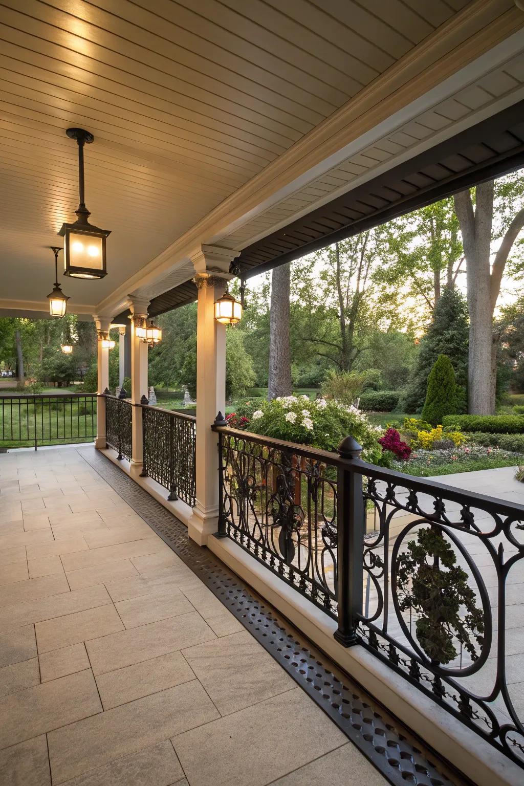 Distinctive railings enhance the porch's aesthetic.