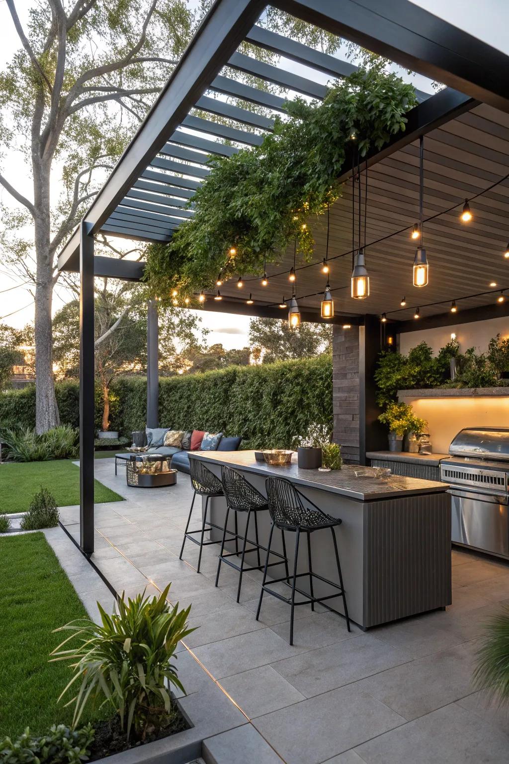 Aluminum pergolas add a modern touch while supporting hanging decor.