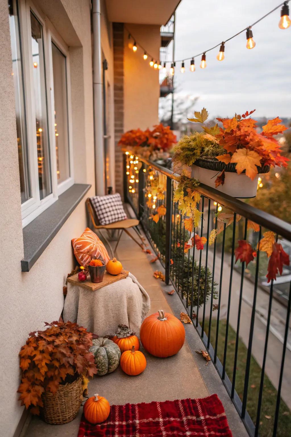 Seasonal decor keeps the balcony fresh and festive.