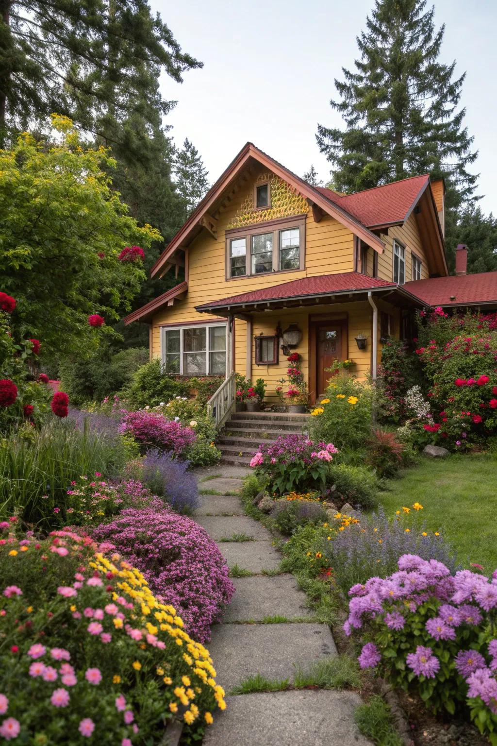 Color-coordinated flowers enhance the harmony between the house and landscape.