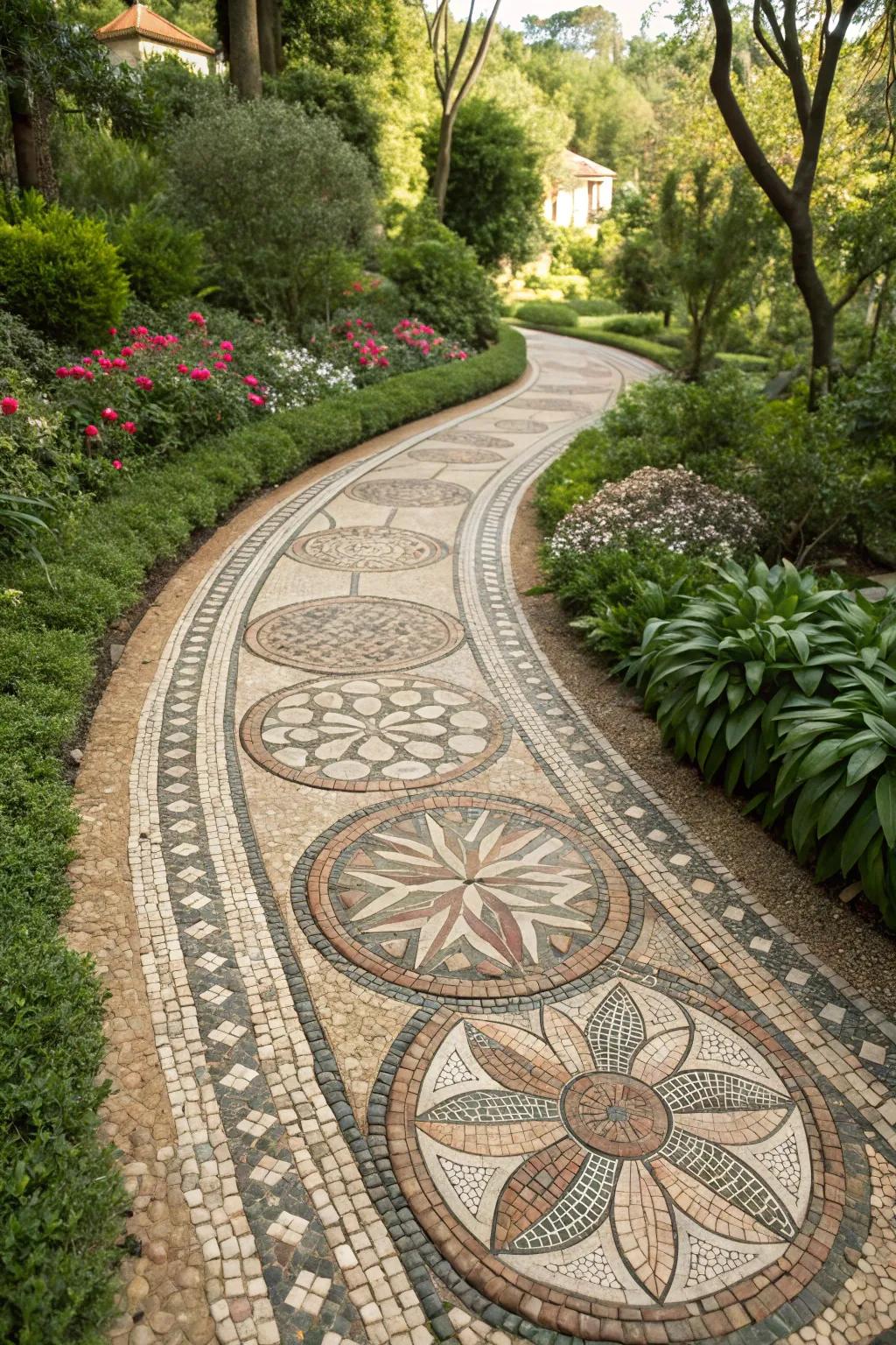 Pebble mosaics turn paths into vibrant canvases.